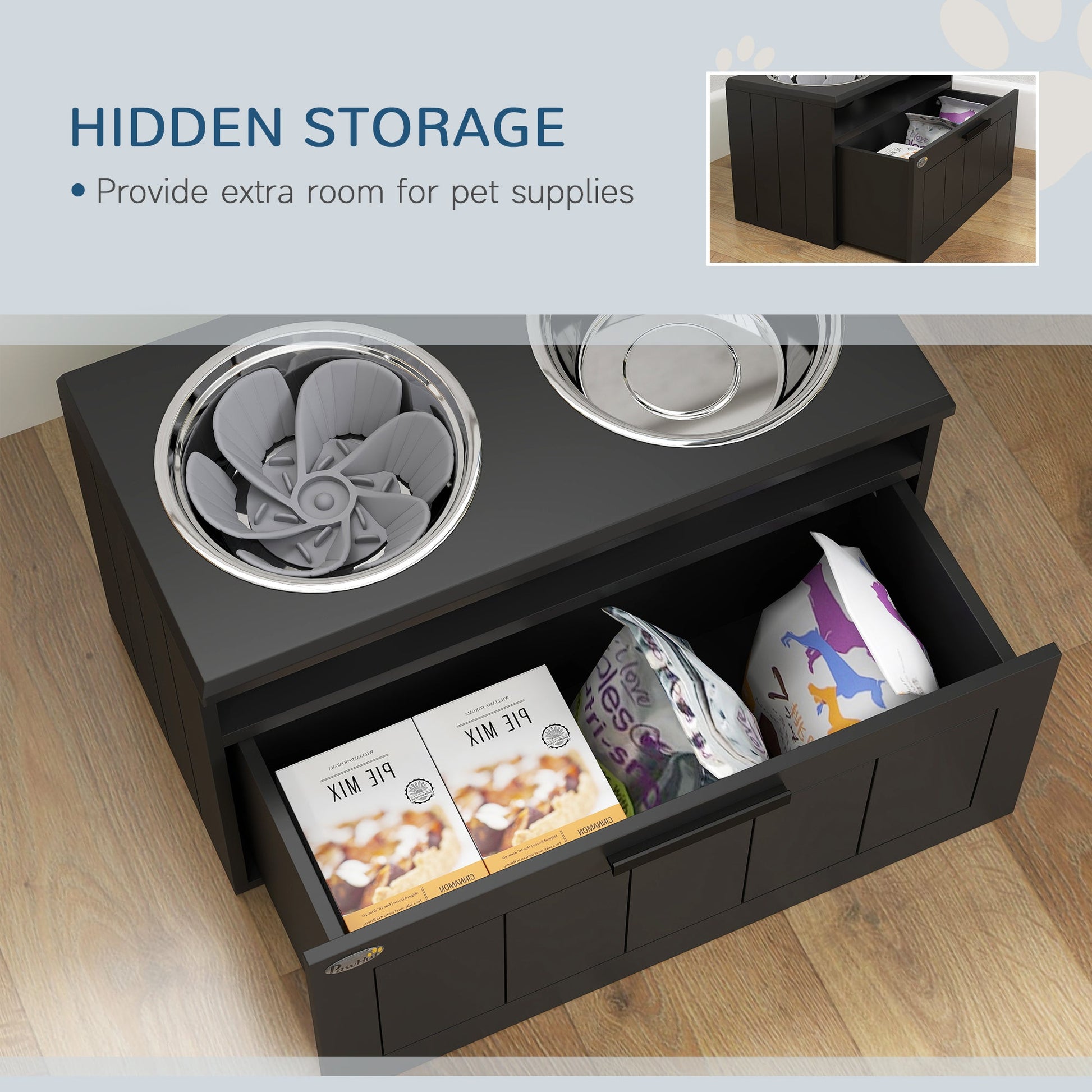 Raised Dog Bowl with Slow Feeder & 2 Stainless Steel Dog Bowl, 25L Storage Drawer, for Large & Extra Large Dogs, Black
