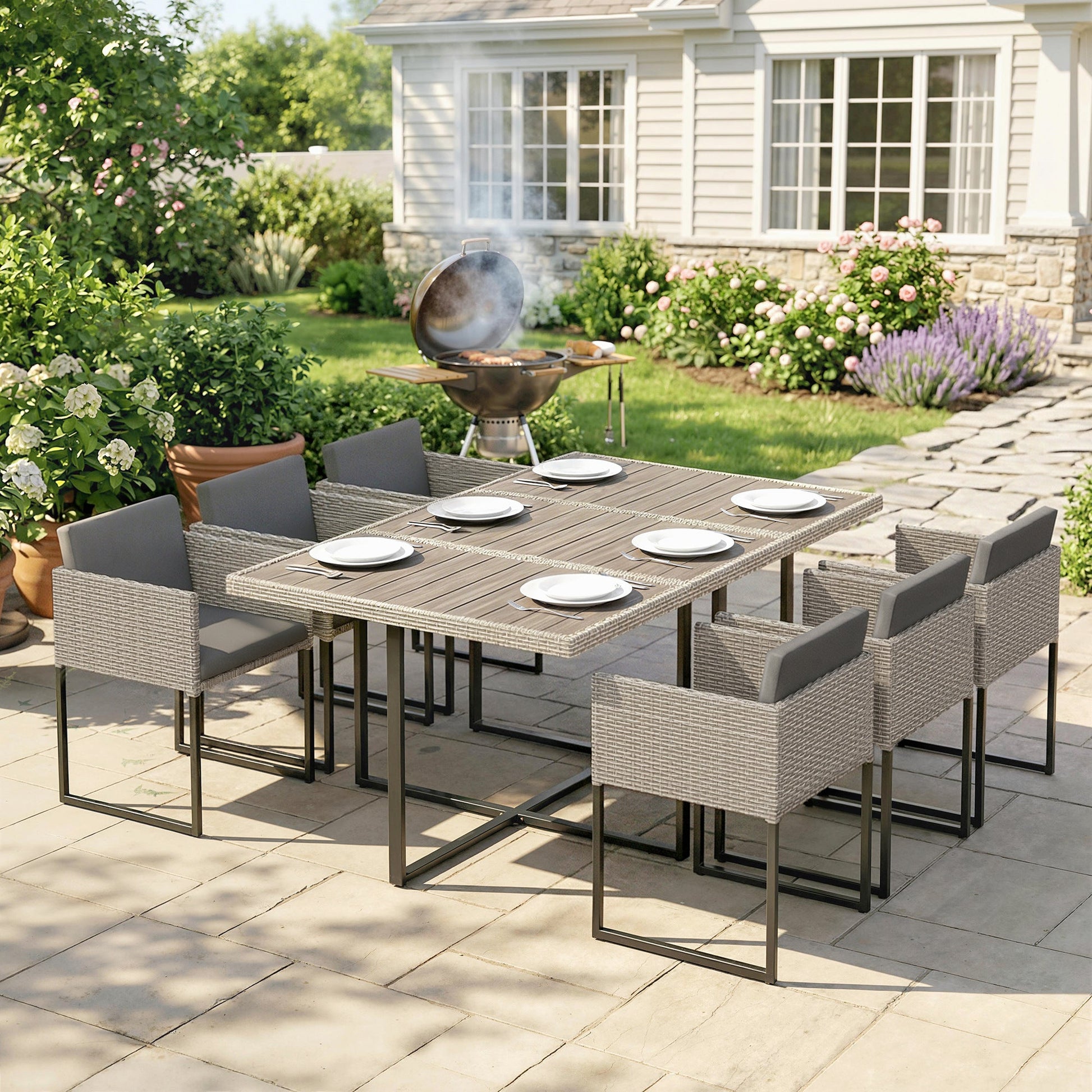 7 Piece Rattan Garden Furniture Set, Garden Dining Set with Wood-Plastic Table and 6 Stackable Chairs, Light Grey