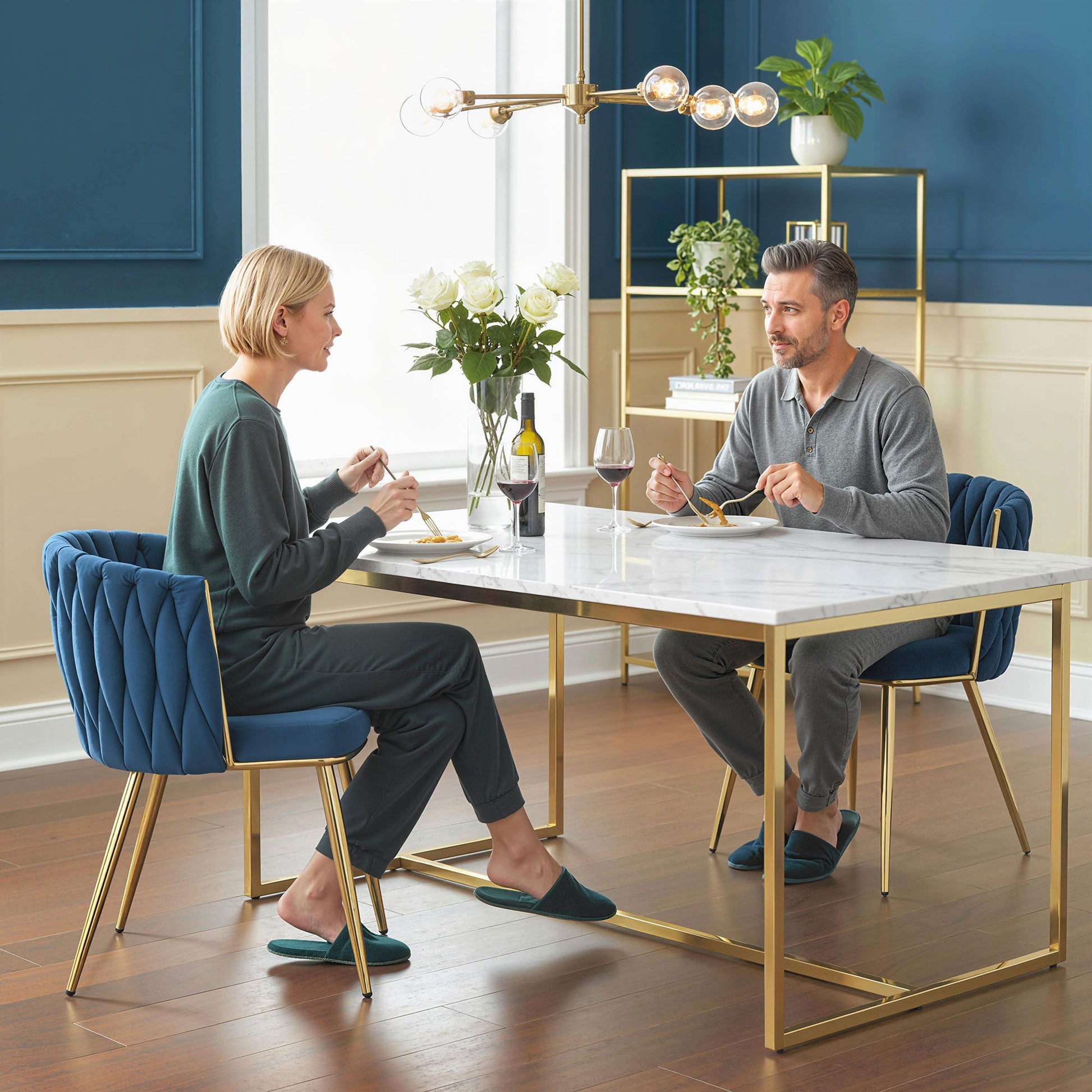 Velvet-Feel Dining Chairs Set of 2, Modern Upholstered Armchair with Knot Design and Golden Metal Legs, Accent Chair for Dining Room, Bedroom, Kitchen, Living Room, Dark Blue