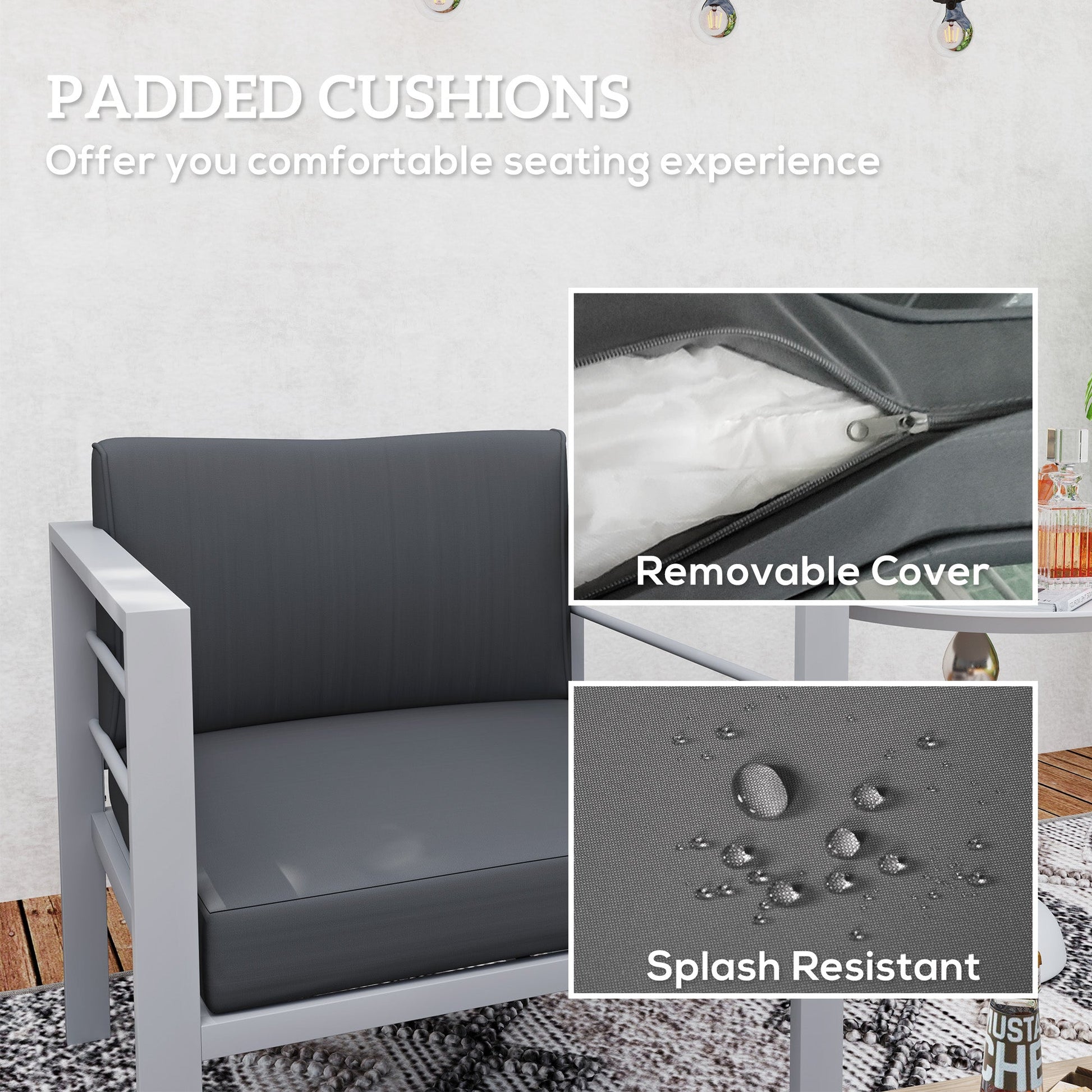 Patio Furniture Aluminium Armchair, All-Weather Outdoor Single Sofa, Metal Frame Outdoor Chair with Cushions for Garden, Balcony, Charcoal Grey