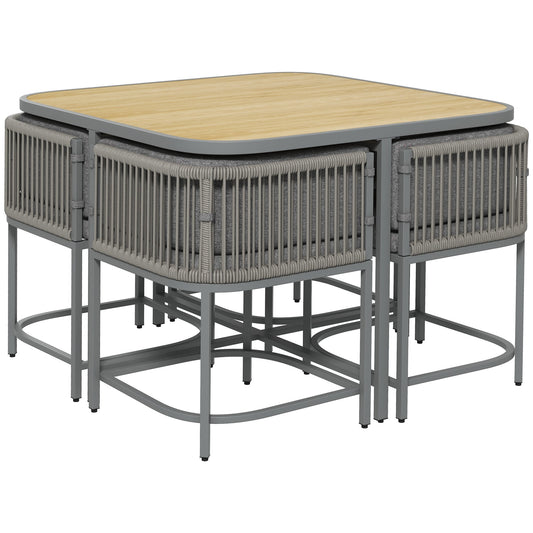 4 Seater Rattan Cube Garden Furniture Set with Cushions, Square Garden Dining Set with Stone Composite Board Top Table, Outdoor Dining Table and Chairs, Grey