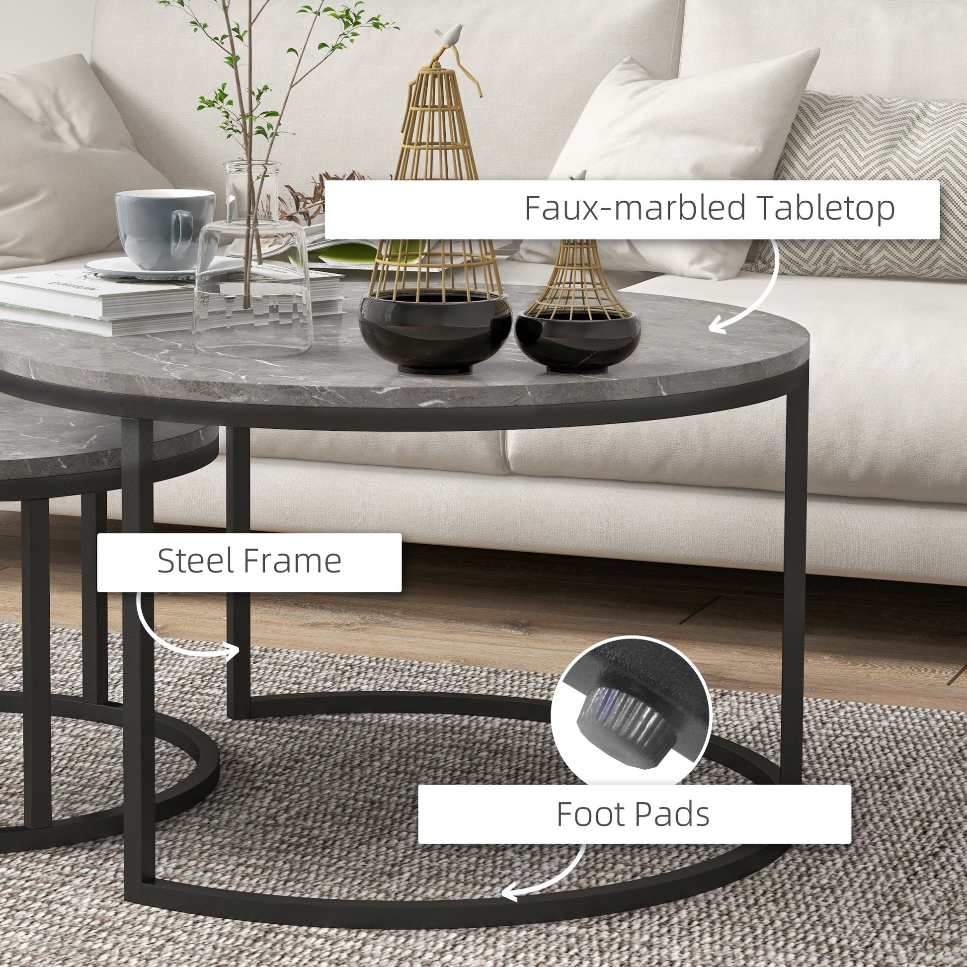 Industrial Nesting Coffee Table Set of 2, Round Coffee Tables, Living Room Table with Faux Marbled Top and Steel Frame