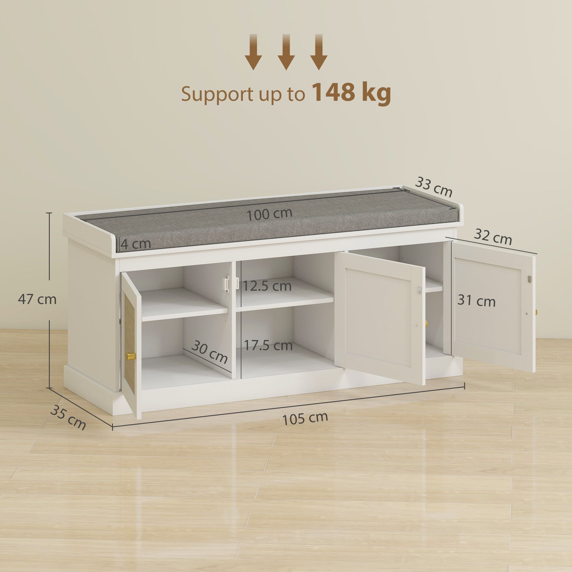 Shoe Storage Bench with Woven Rattan Doors, Seat - White