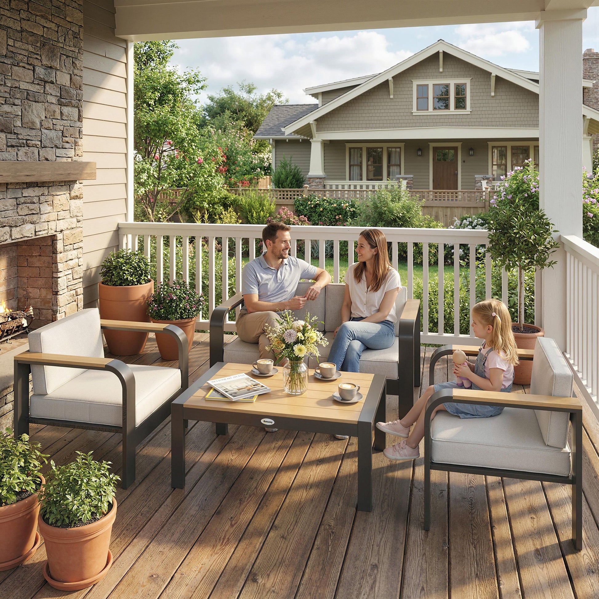 4 Seater Aluminium Garden Furniture Set, Olefin Cushions, Garden Sofa Set with Loveseat, Armchairs, Table, Beige