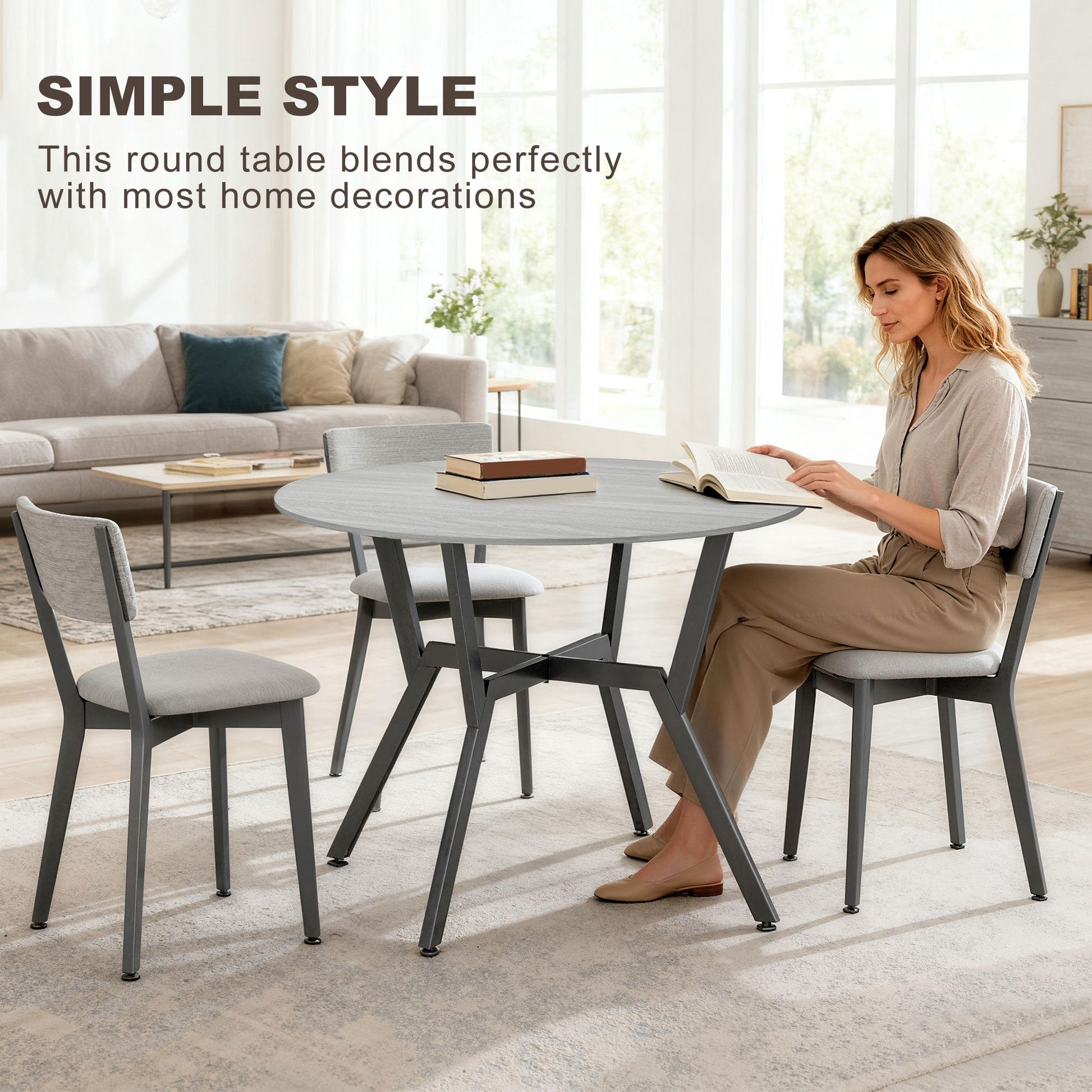 Dining Table, Round Kitchen Table with Black Legs, Anti-slip Foot Pads for Living Room, Dining Room 90 x 76 cm, Grey