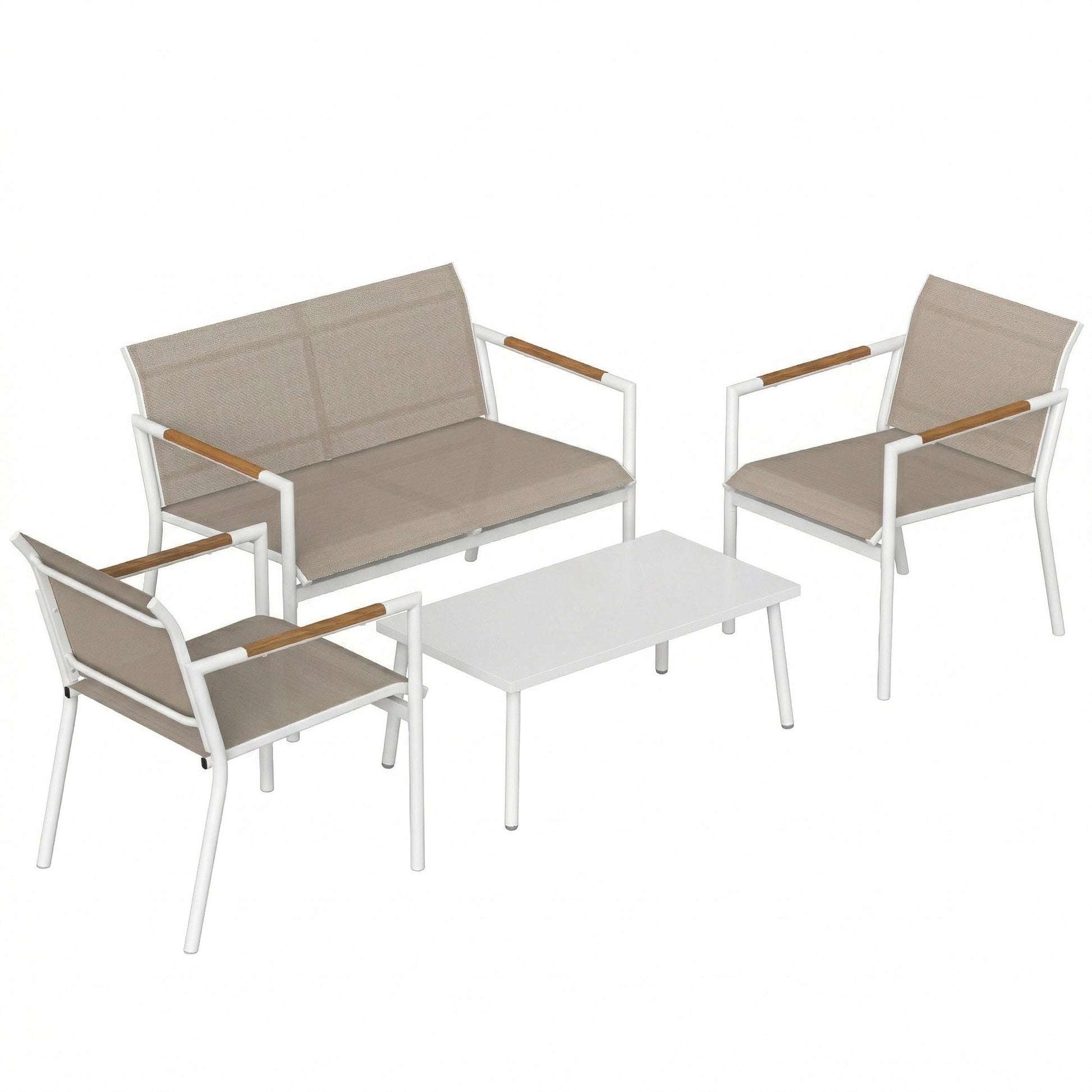 4 Seater Garden Furniture Set with Loveseat, Armchairs, Table, Metal Garden Sofa Set with Breathable Seats, Khaki