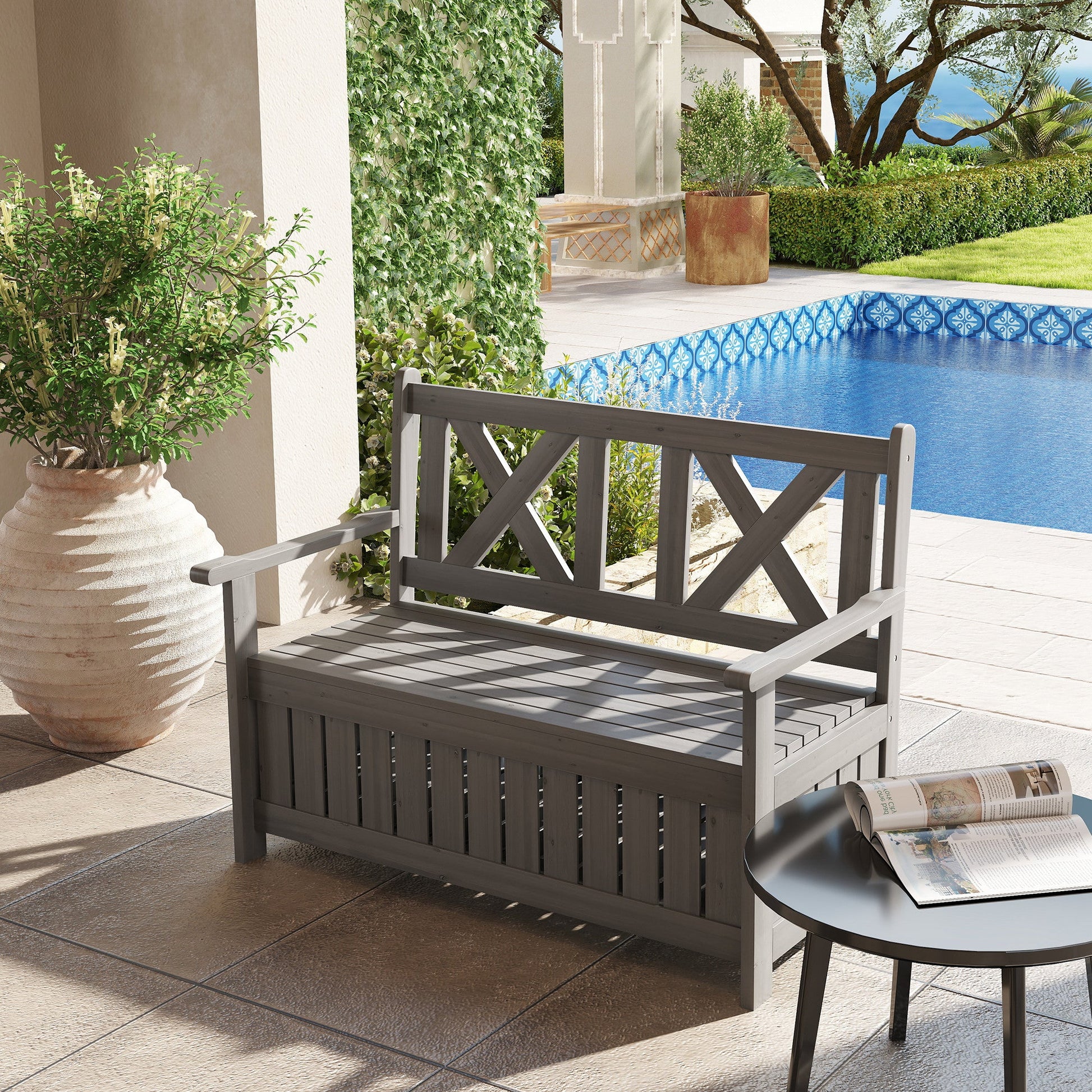 2-Seater Garden Storage Bench for Patio Wood Porch Decor Outdoor Seating, Charcoal Grey