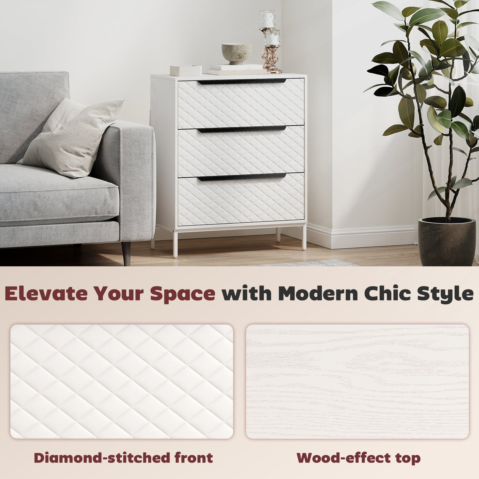 Chest of Drawers, Dresser with 3 Fabric Drawers and Aluminium Handles - White