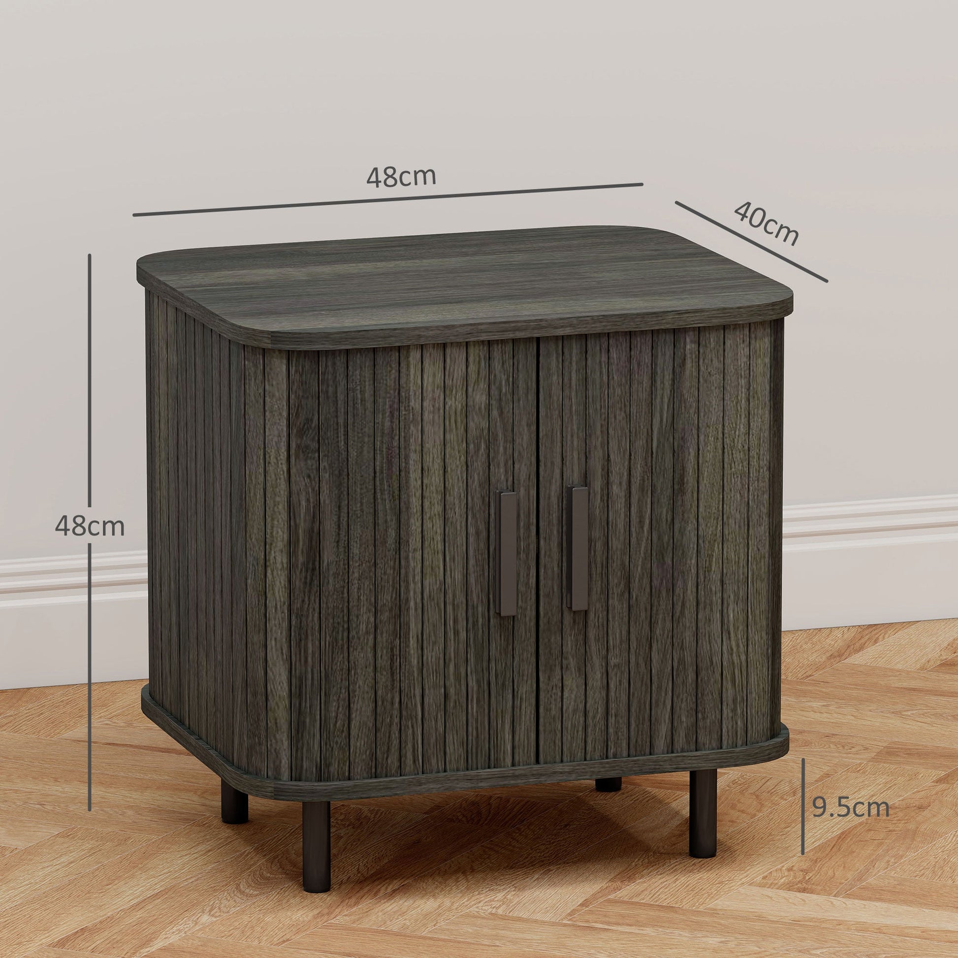 Bedside Table, Nordic Side Table with Roller Shutter Style Sliding Doors and Metal Legs for Bedroom, Living Room, Grey