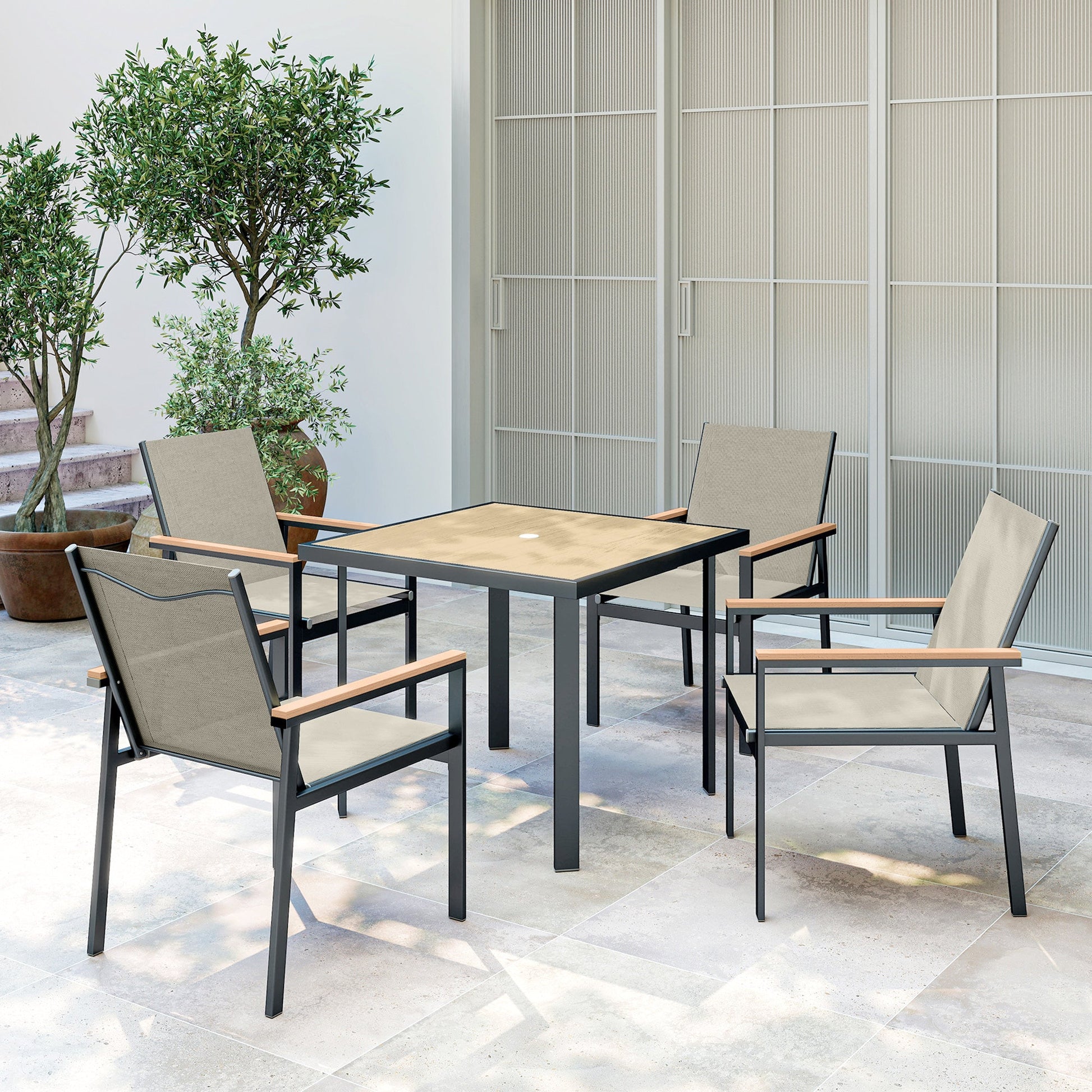 Five-Piece Metal Dining Set, with Glass-Top Table - Khaki
