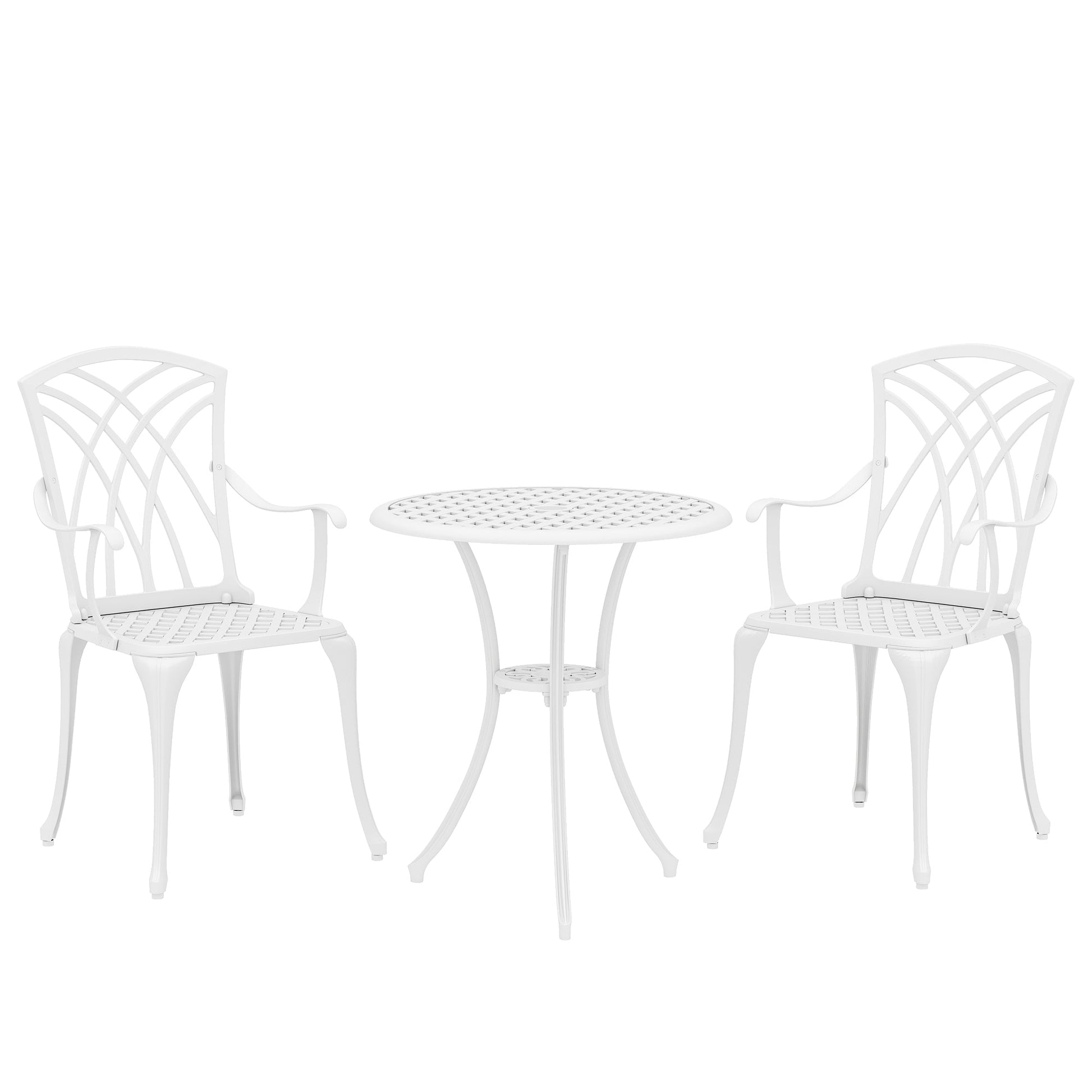 3 Pieces Garden Bistro Set, Cast Aluminium Outdoor Dining Set with 2 Chairs and Round Table with Parasol Hole, White