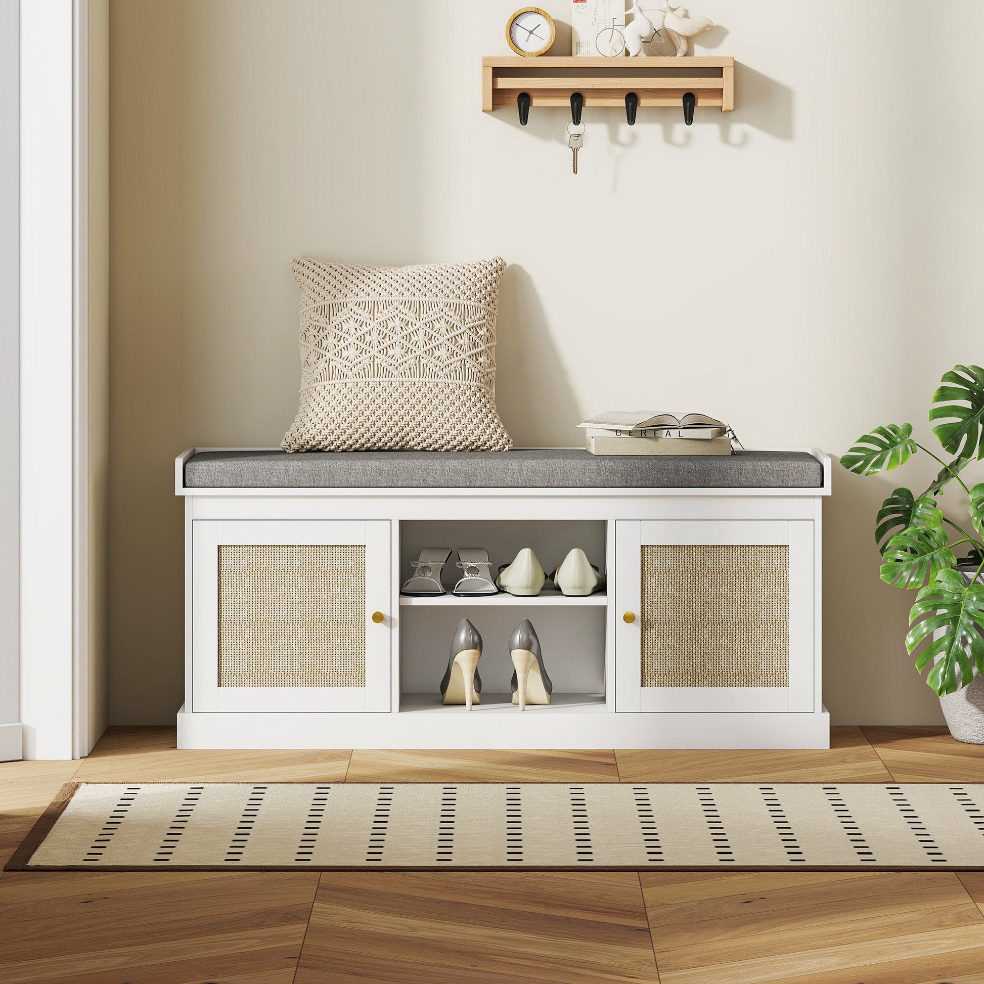 Boho Shoe Storage Bench with Padded Cushion and Rattan Doors - White