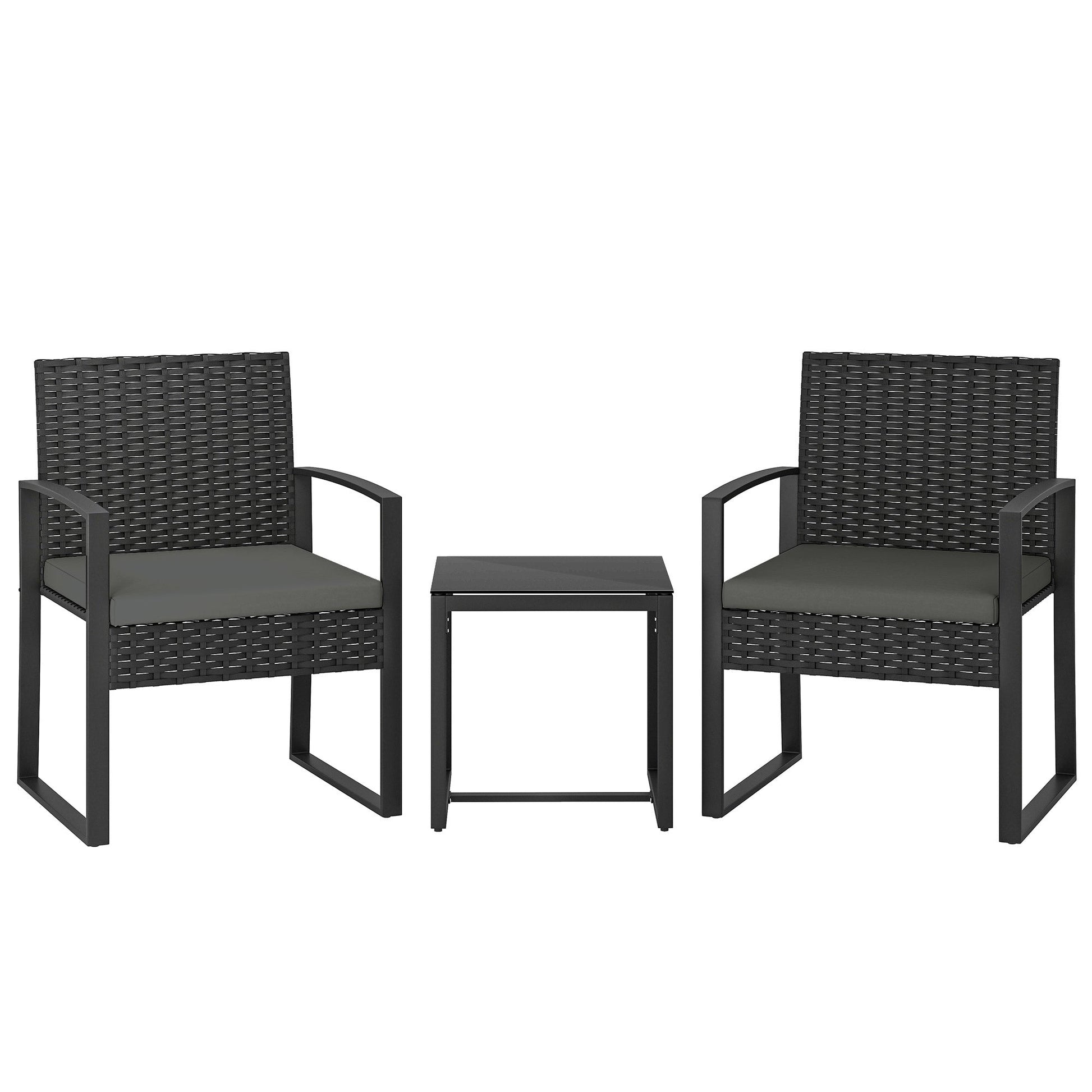 Rattan Bistro Set, 3 Piece Garden Furniture Set with Glass Top Table and Cushions, Dark Grey