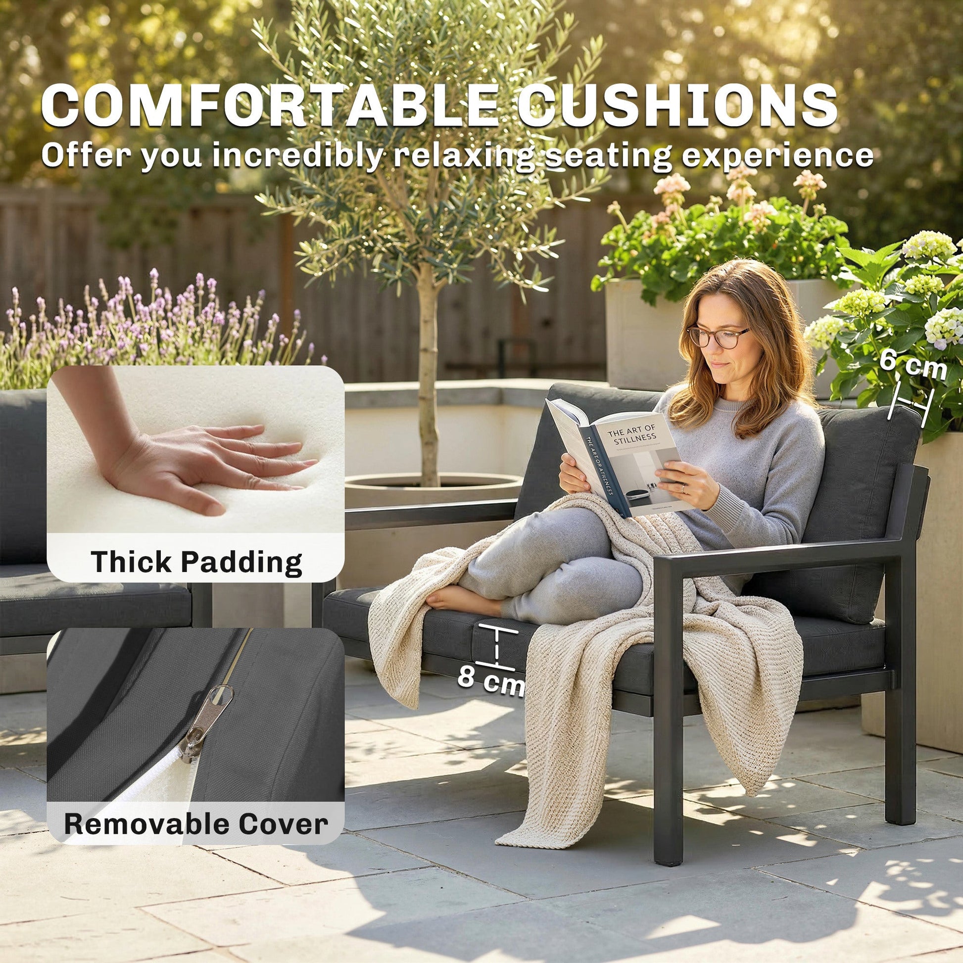 4 Seater Rattan Garden Furniture Set with 2 Armchairs, Loveseat, Coffee Table, Garden Sofa Set with Cushions, Dark Grey
