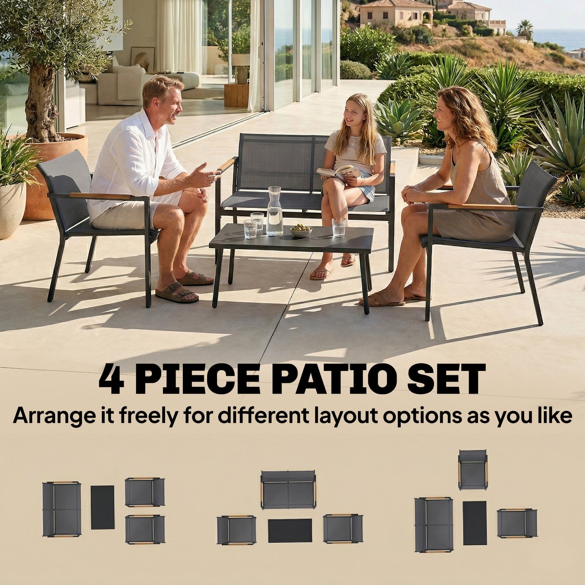 4 Seater Garden Furniture Set with Loveseat, Armchairs, Table, Metal Garden Sofa Set with Breathable Seats, Grey