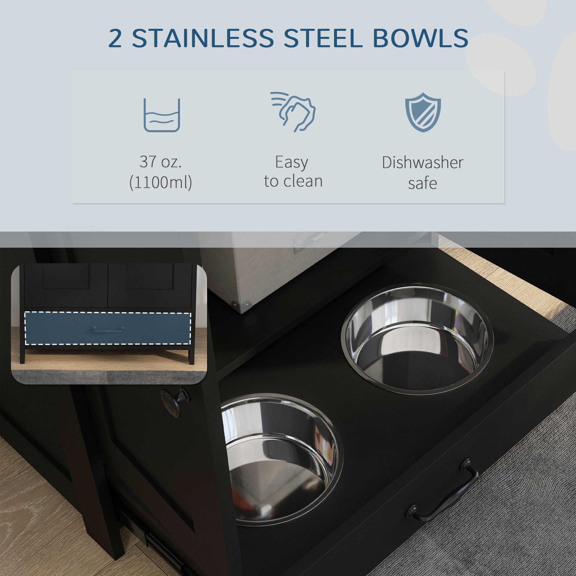 Pet Feeding Station with Raised Dog Bowls, Adjustable Panel, Hooks, Black