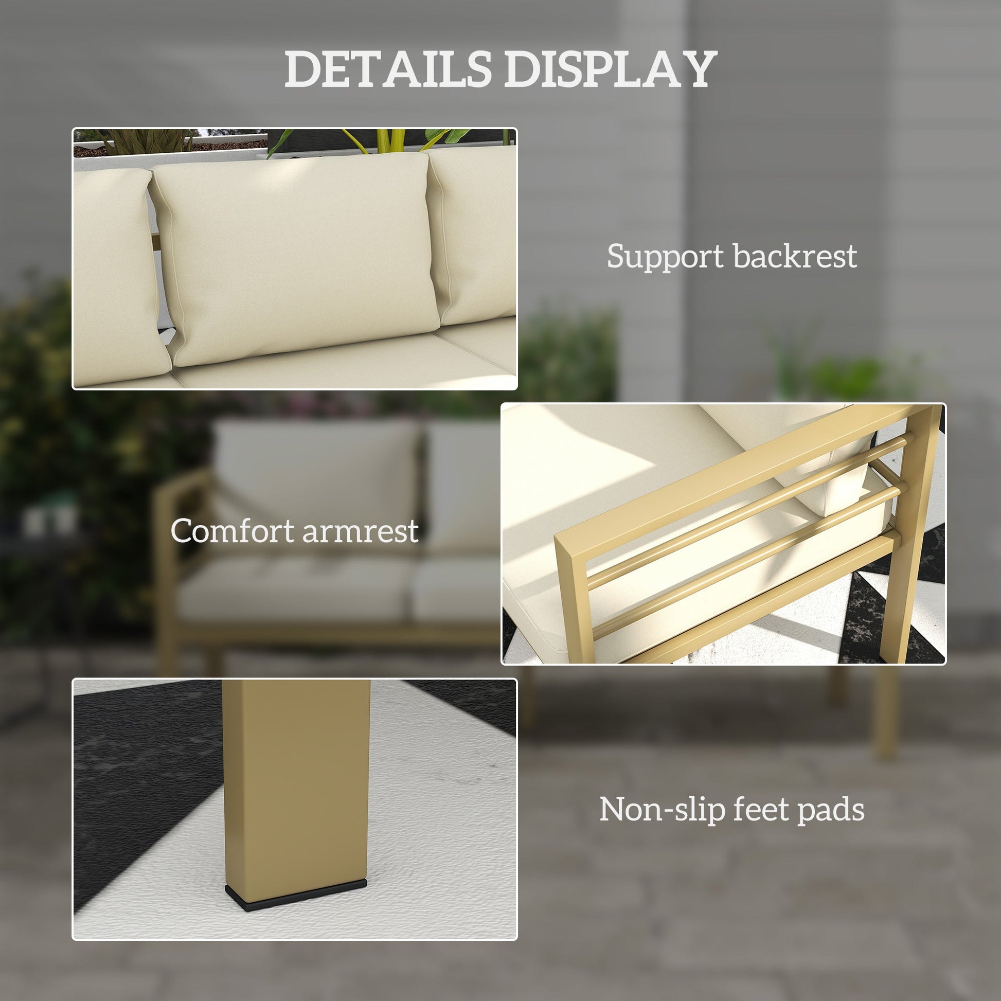 Garden Bench with Cushions, 3-Seater Sofa with Backrest, Armrest and Back Cushions, 185 x 66 x 64cm, Cream White