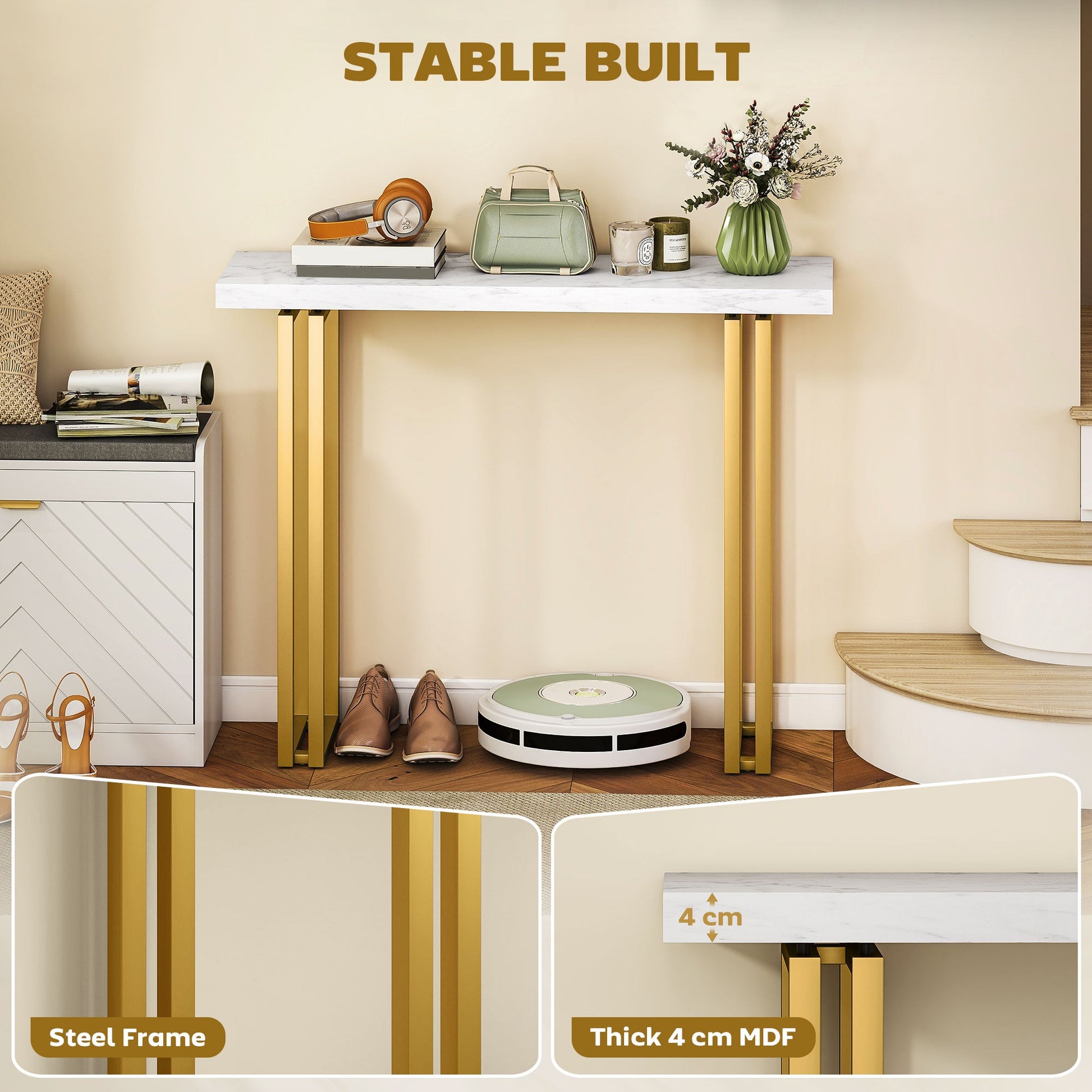 100 cm Console Table with Faux Marble Top, Narrow Entryway Table with Anti-tipping Device, White