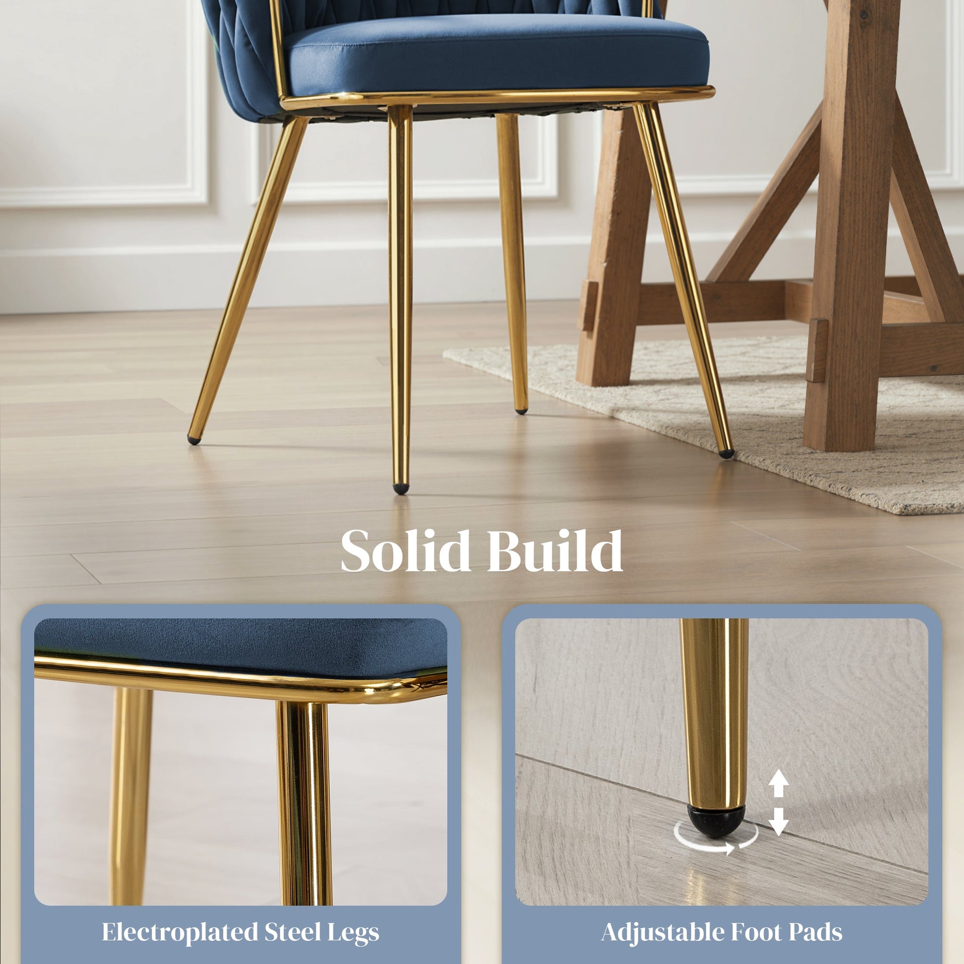 Velvet-Feel Dining Chairs Set of 2, Modern Upholstered Armchair with Knot Design and Golden Metal Legs, Accent Chair for Dining Room, Bedroom, Kitchen, Living Room, Dark Blue