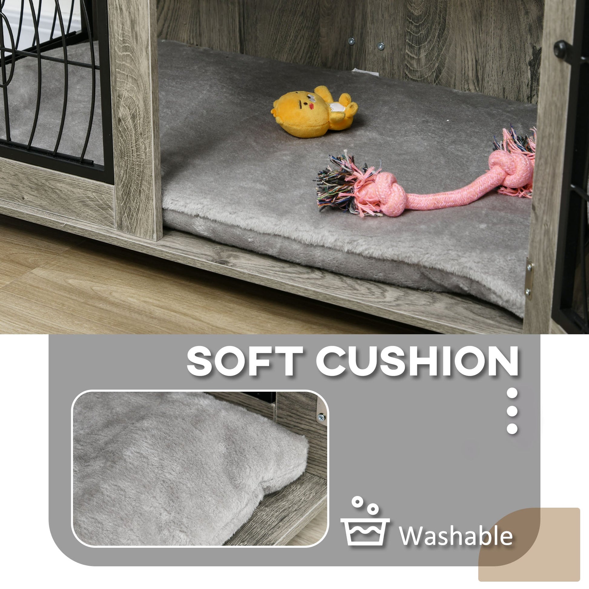 Indoor Dog Crate Furniture End Table with Soft Washable Cushion, Lockable Front Door, for Large Dogs - Grey