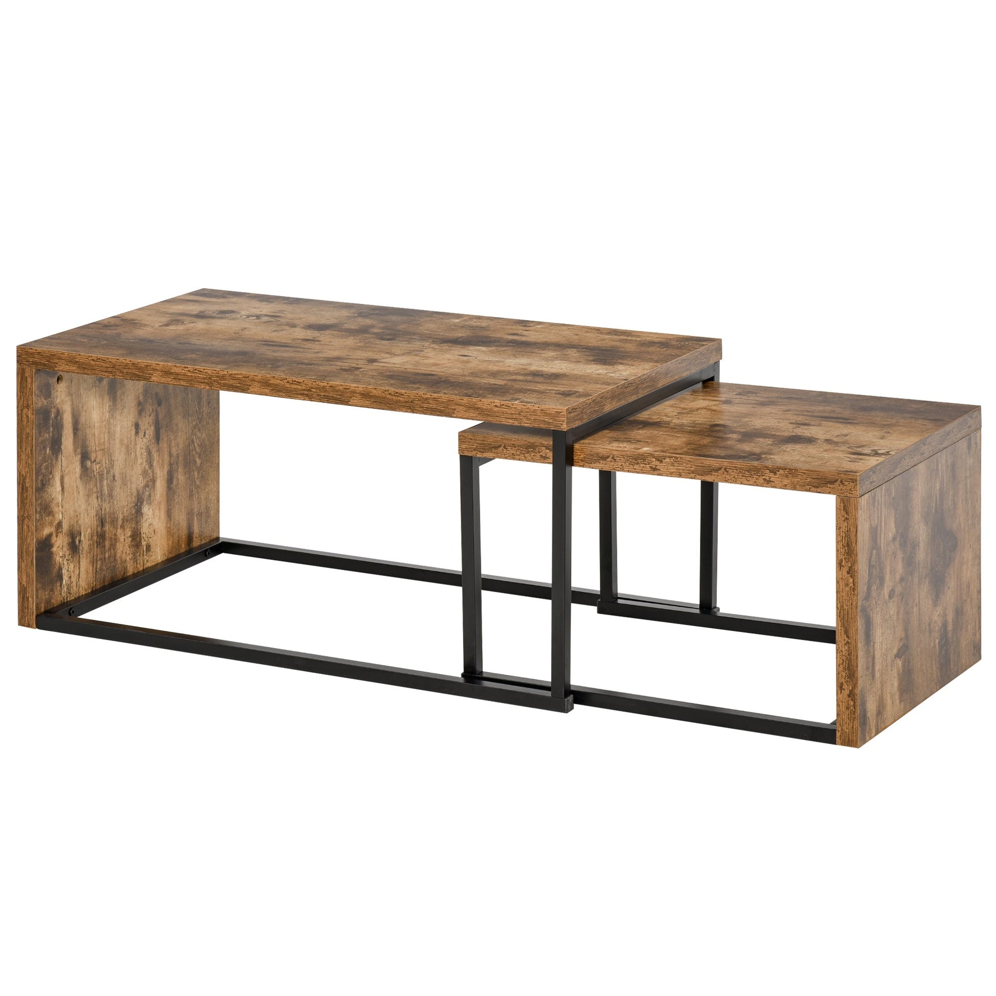 Coffee Tables Nesting Table Set of 2 Side Table w/ Metal Frame for Living Room Bedroom Black & Brown
