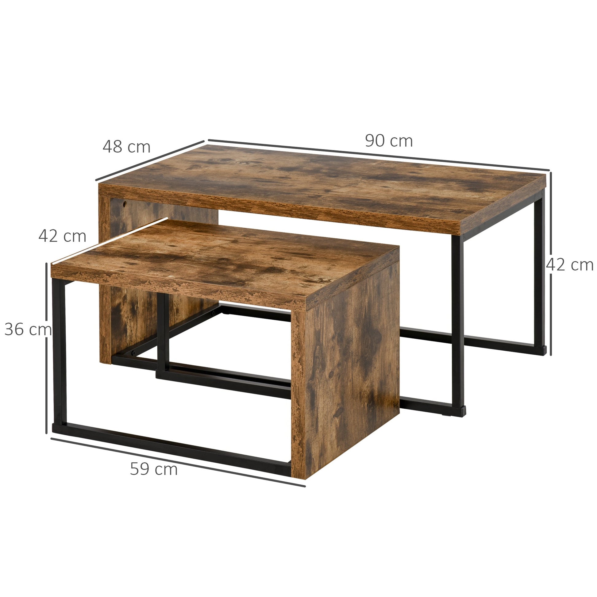Coffee Tables Nesting Table Set of 2 Side Table w/ Metal Frame for Living Room Bedroom Black & Brown