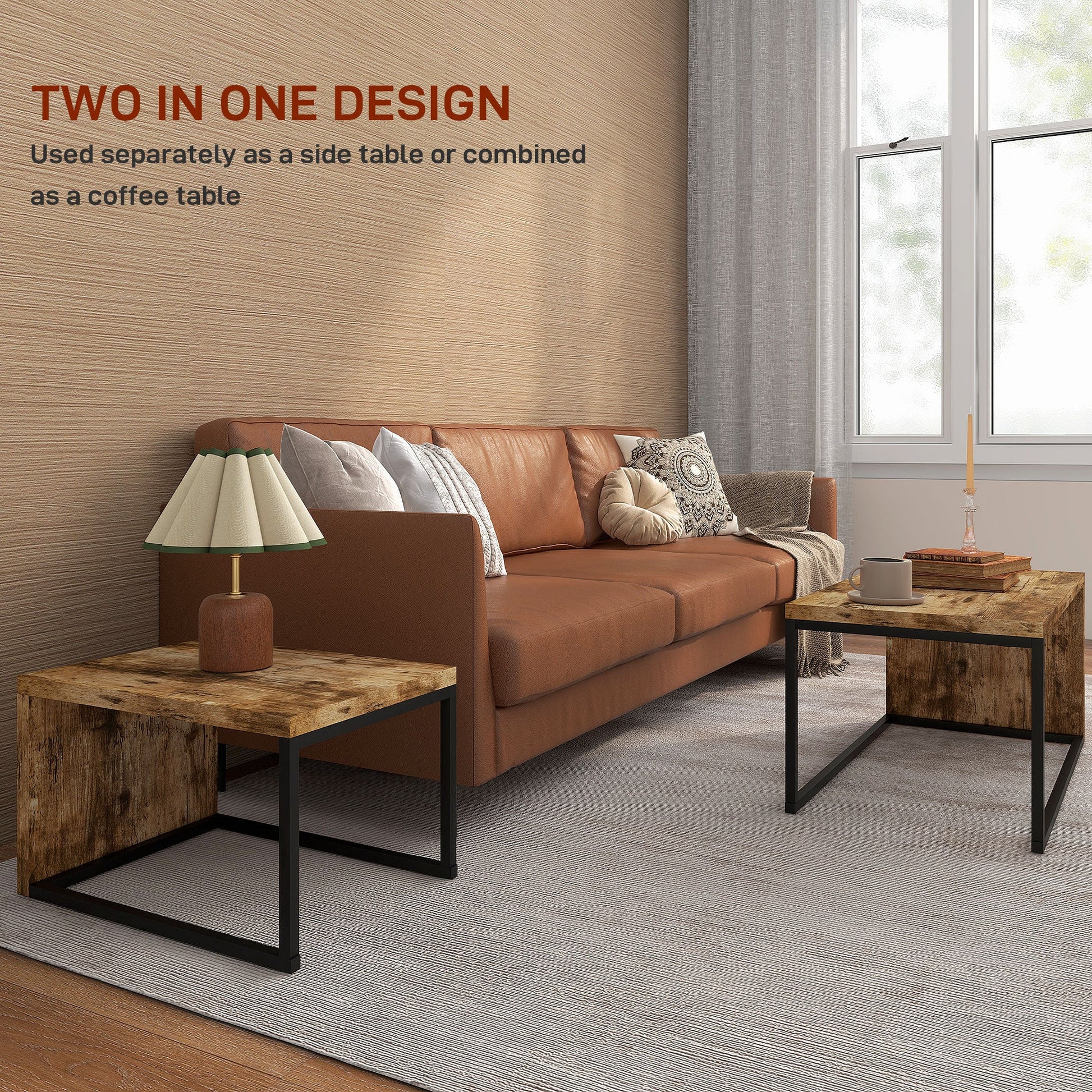 Coffee Tables Nesting Table Set of 2 Side Table w/ Metal Frame for Living Room Bedroom Black & Brown