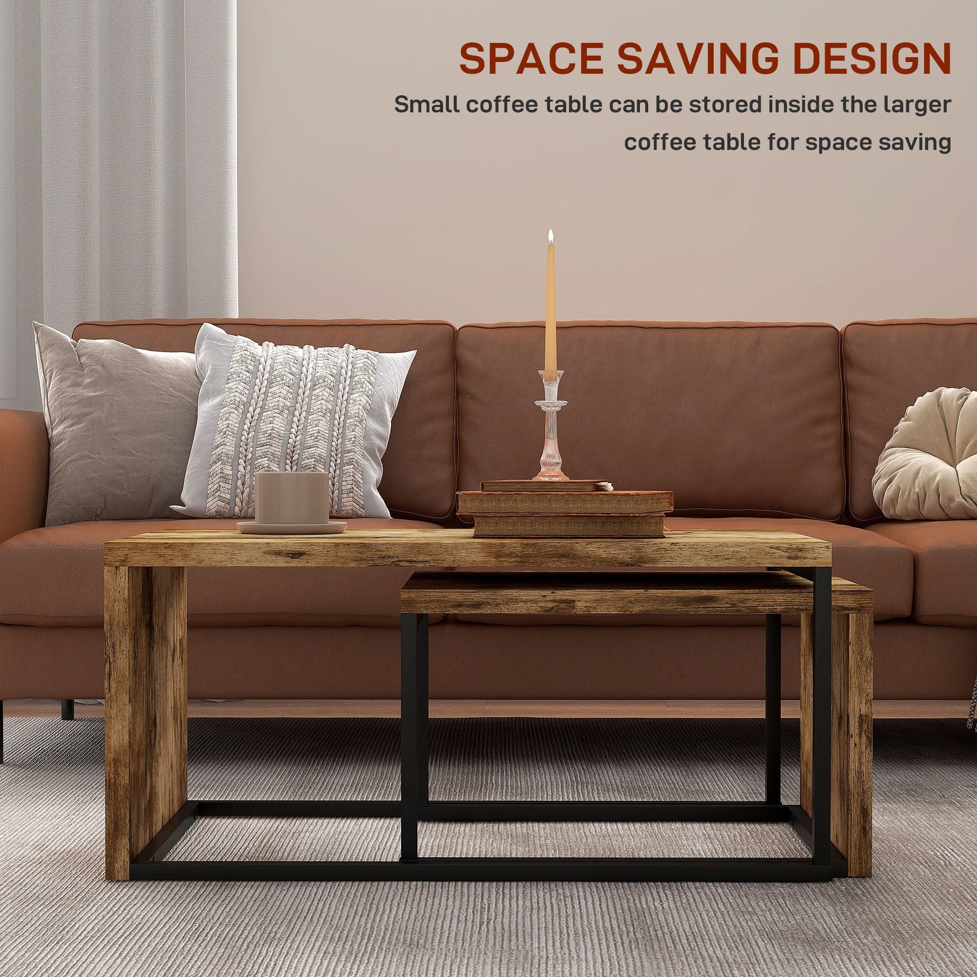 Coffee Tables Nesting Table Set of 2 Side Table w/ Metal Frame for Living Room Bedroom Black & Brown