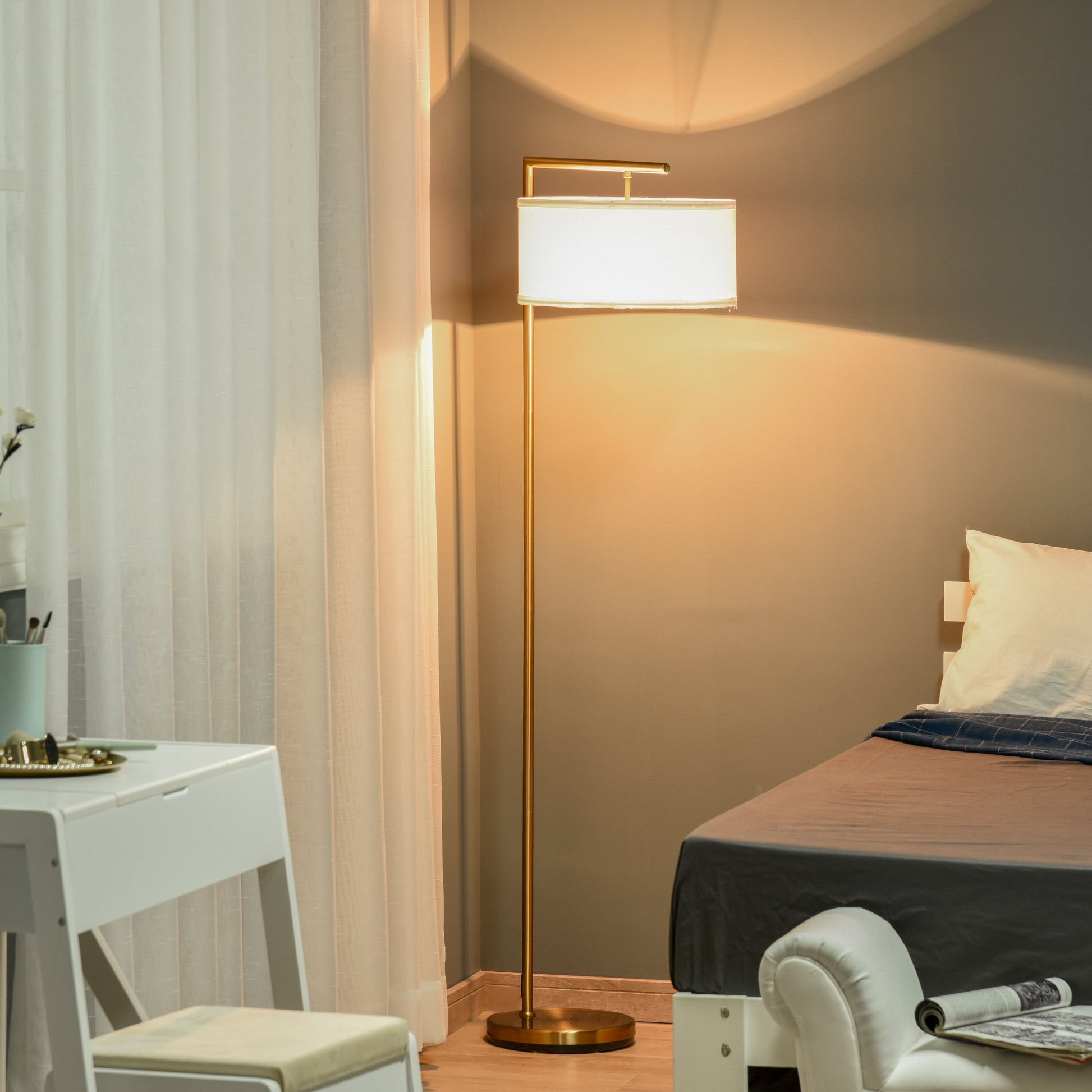 Floor Lamp, Modern Standing Light with Linen Lampshade, Round Base for Living Room, Bedroom, Dining Room, 153cm, Gold and White