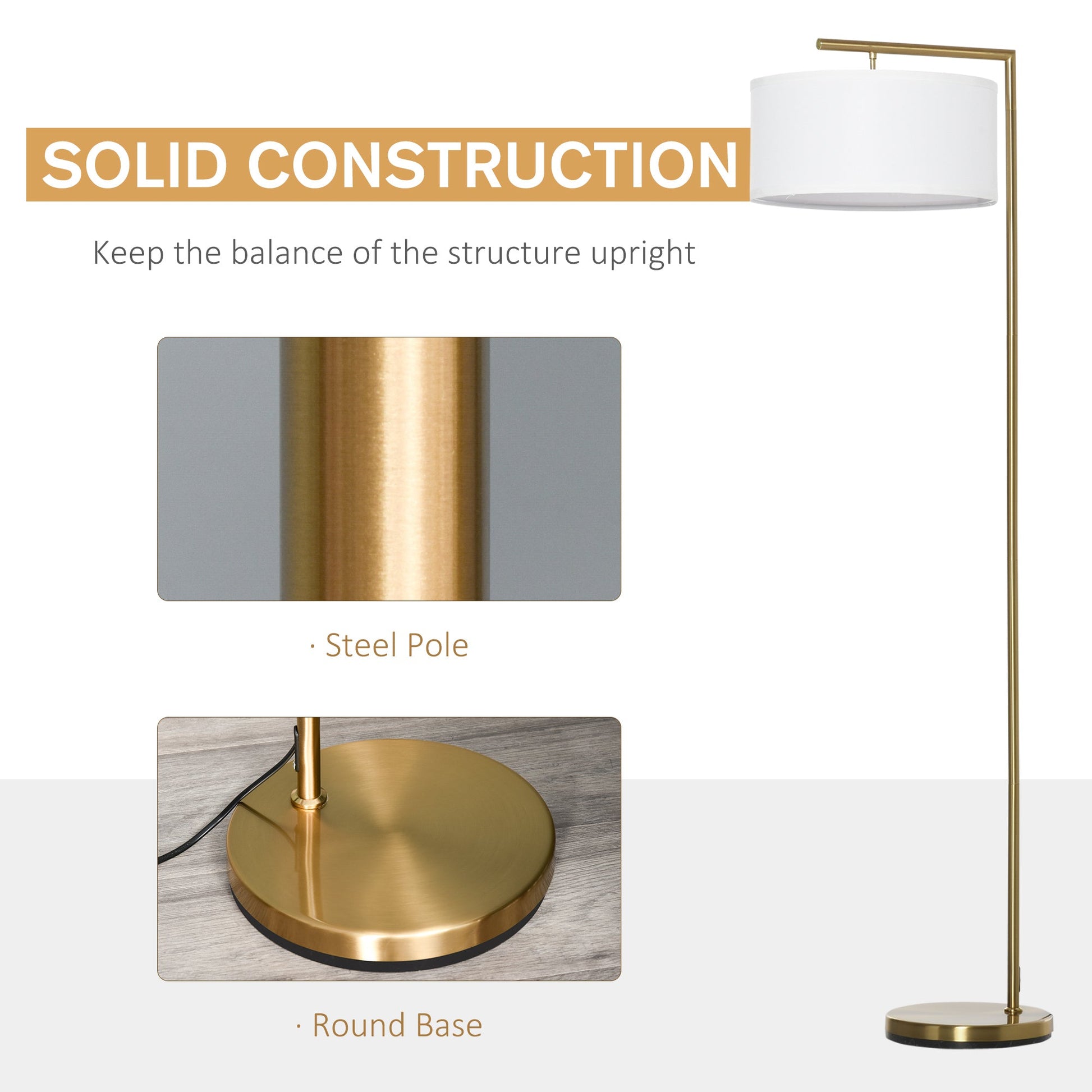 Floor Lamp, Modern Standing Light with Linen Lampshade, Round Base for Living Room, Bedroom, Dining Room, 153cm, Gold and White