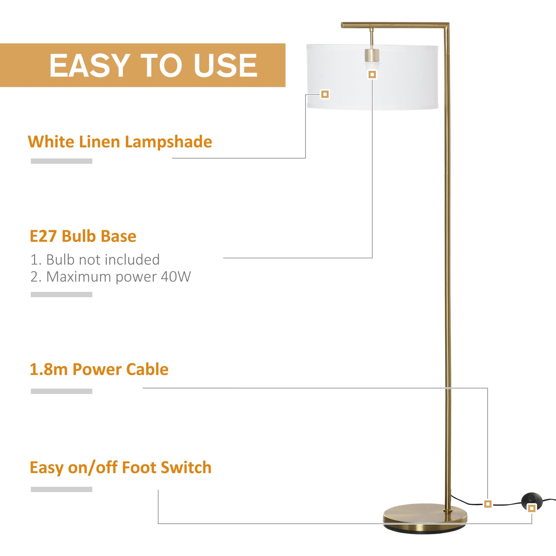 Floor Lamp, Modern Standing Light with Linen Lampshade, Round Base for Living Room, Bedroom, Dining Room, 153cm, Gold and White