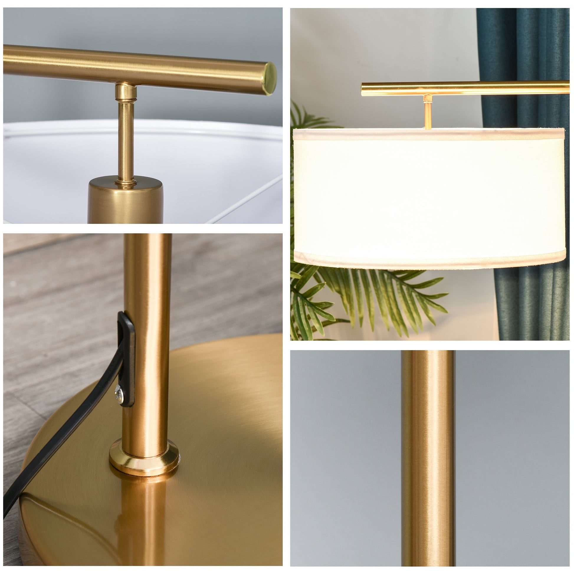 Floor Lamp, Modern Standing Light with Linen Lampshade, Round Base for Living Room, Bedroom, Dining Room, 153cm, Gold and White