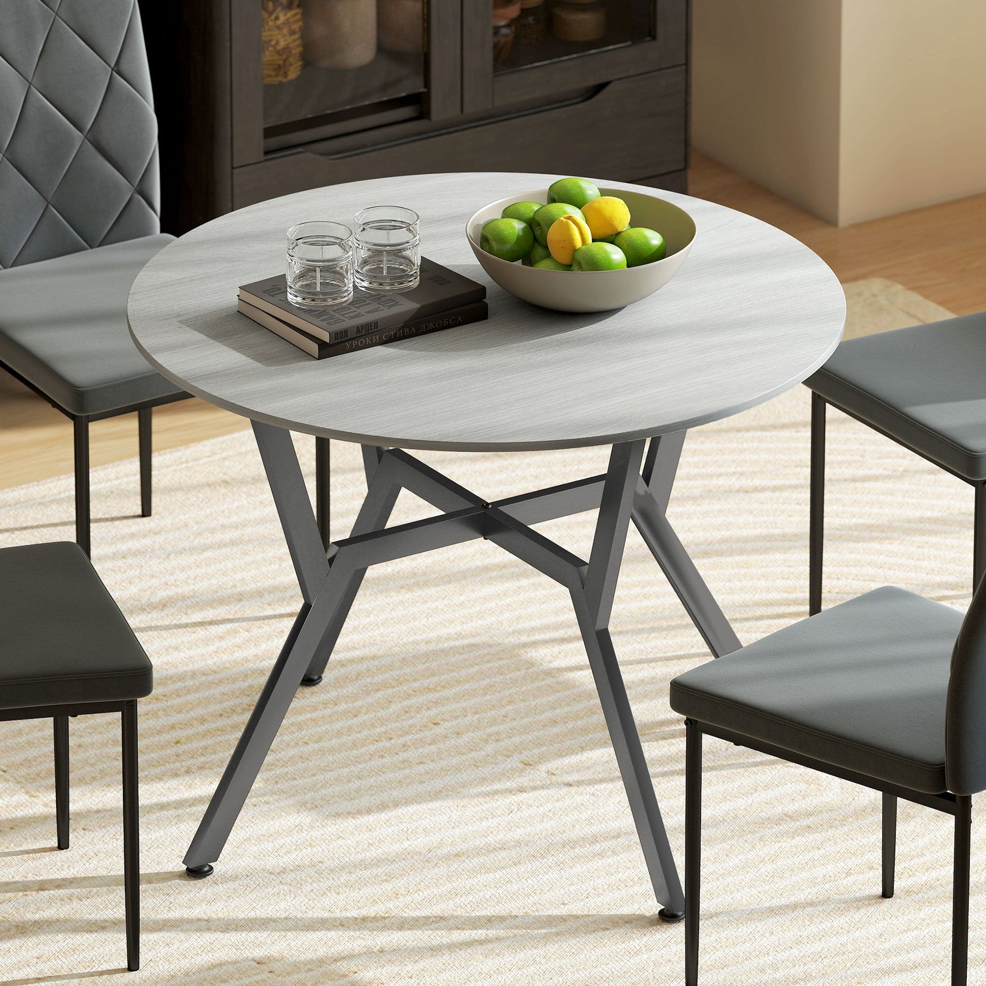 Dining Table, Round Kitchen Table with Black Legs, Anti-slip Foot Pads for Living Room, Dining Room 90 x 76 cm, Grey