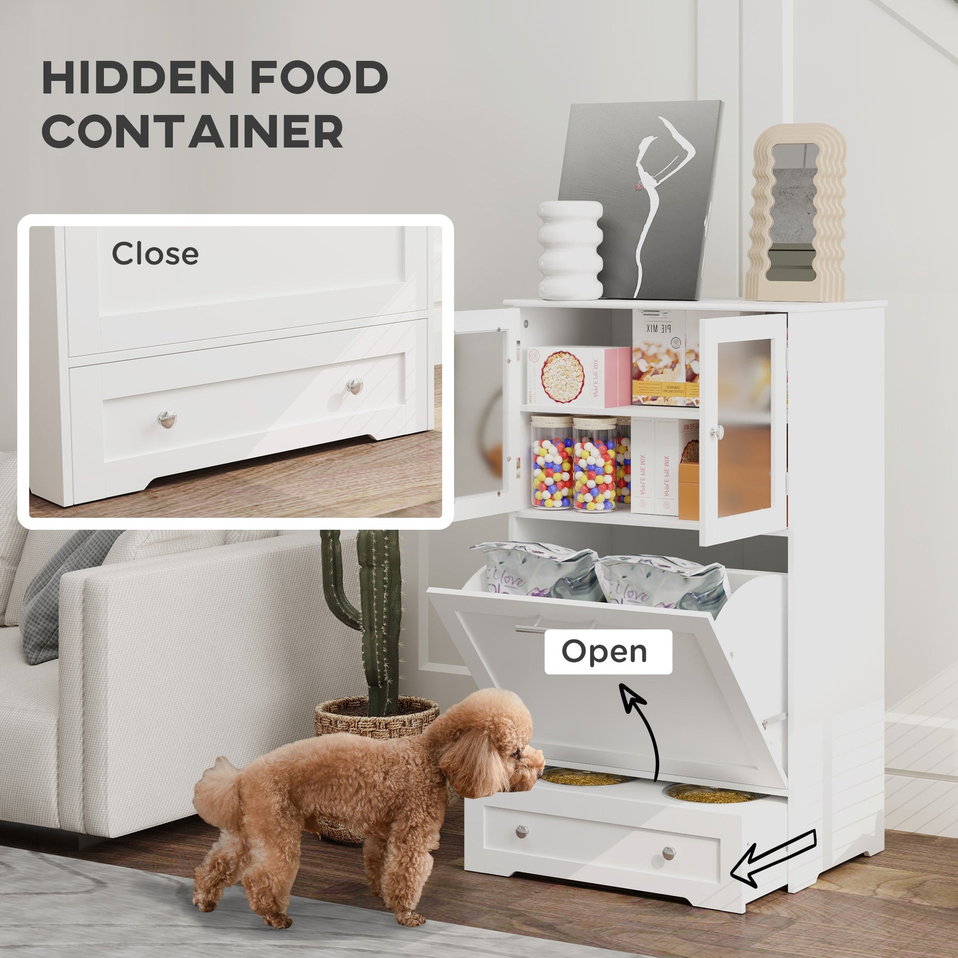 PawHut Dog Feeding Station with 2 Storage Cabinets, 2 Elevated Bowls, Side Hooks, Anti-tip Kit for Water and Feeding Supplies