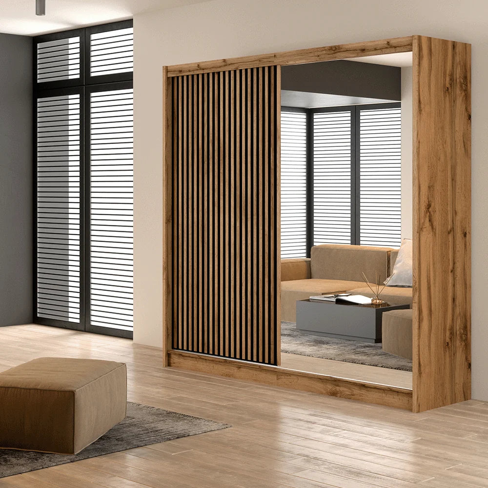 Wardrobe LONDON 203 Oak Wotan / Black + Mirror