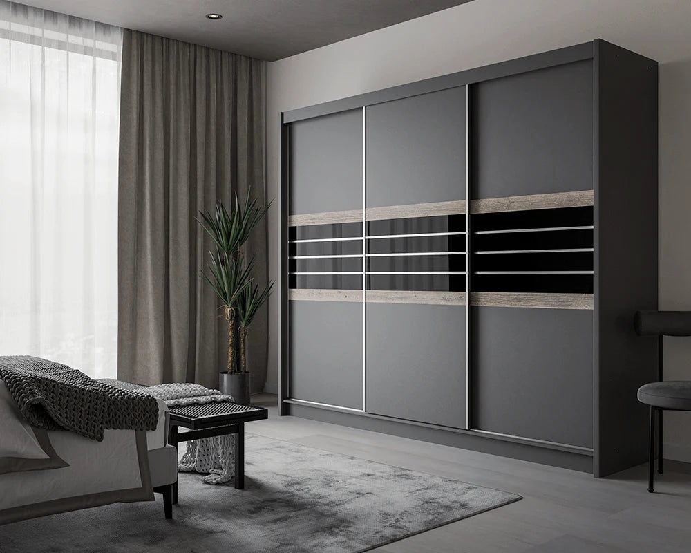 TURYN 250cm Sliding Door Wardrobe Lava / Black Glass