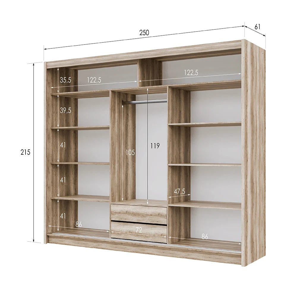 SALWADOR 250cm Sliding Door Wardrobe Oak Canyon + Lava + Mirror