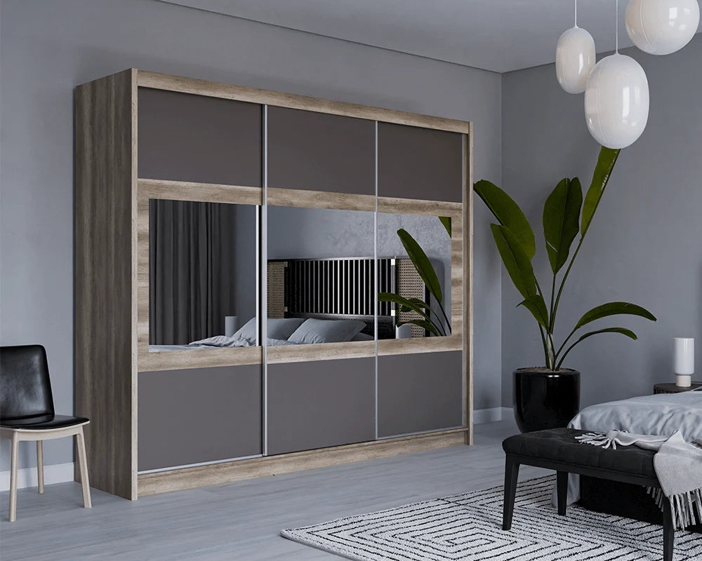 SALWADOR 250cm Sliding Door Wardrobe Oak Canyon + Lava + Mirror