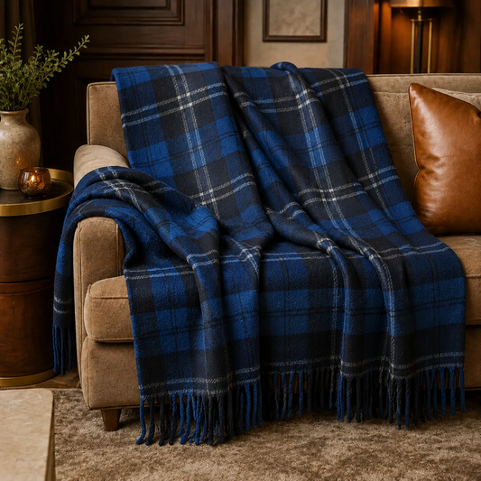 Blue Recycled Wool Blanket in Classic Tartan Check