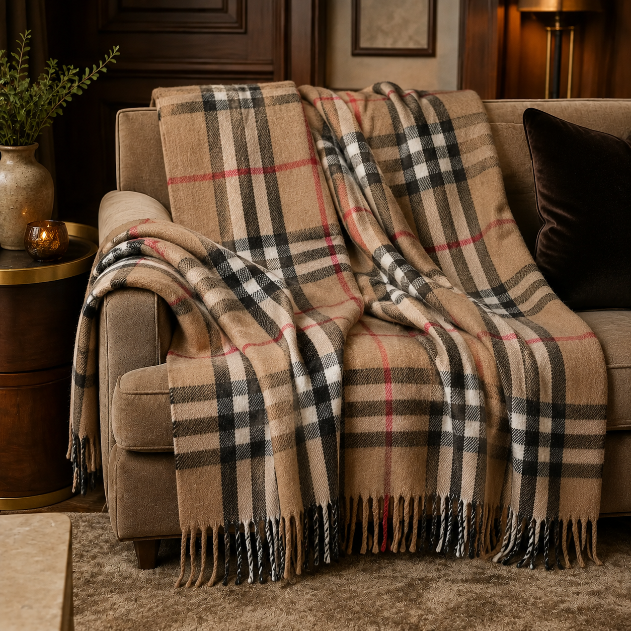 Camel Recycled Wool Blanket in Classic Tartan Check