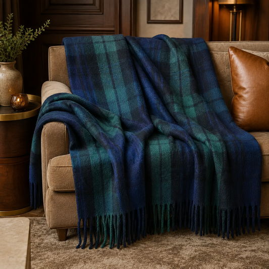 Black Watch Recycled Wool Blanket in Soft Tartan Check
