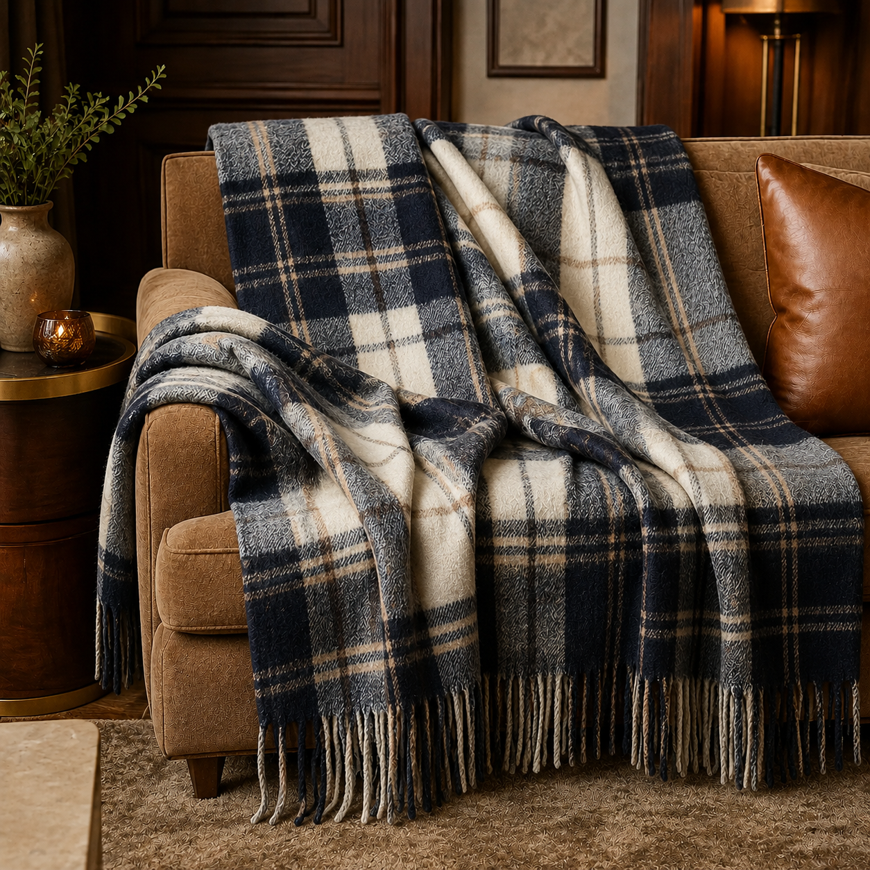 Silver Recycled Wool Blanket in Soft Check Pattern
