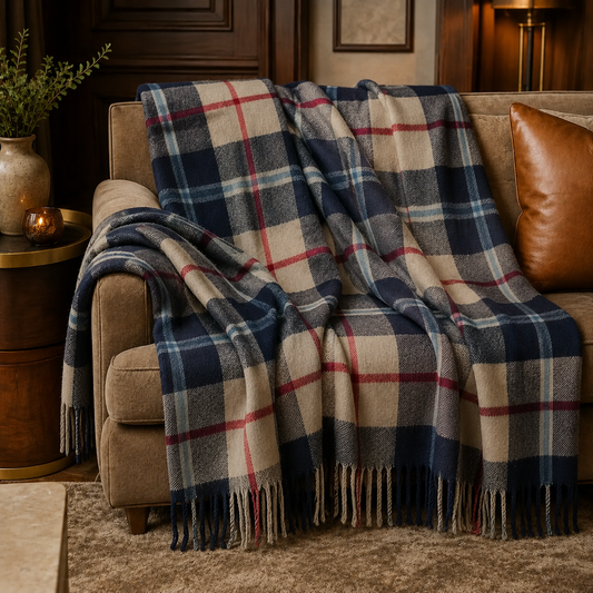 Navy Recycled Wool Blanket in Classic Tartan Check