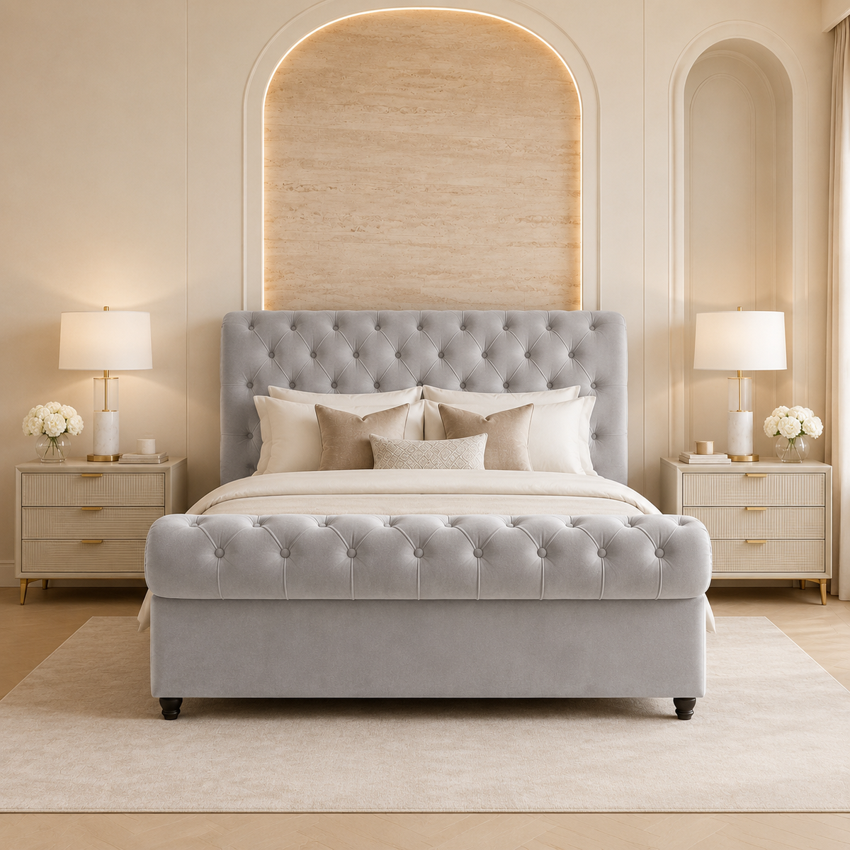 Savannah Sleigh Upholstered Soft Velvet Bed Frame