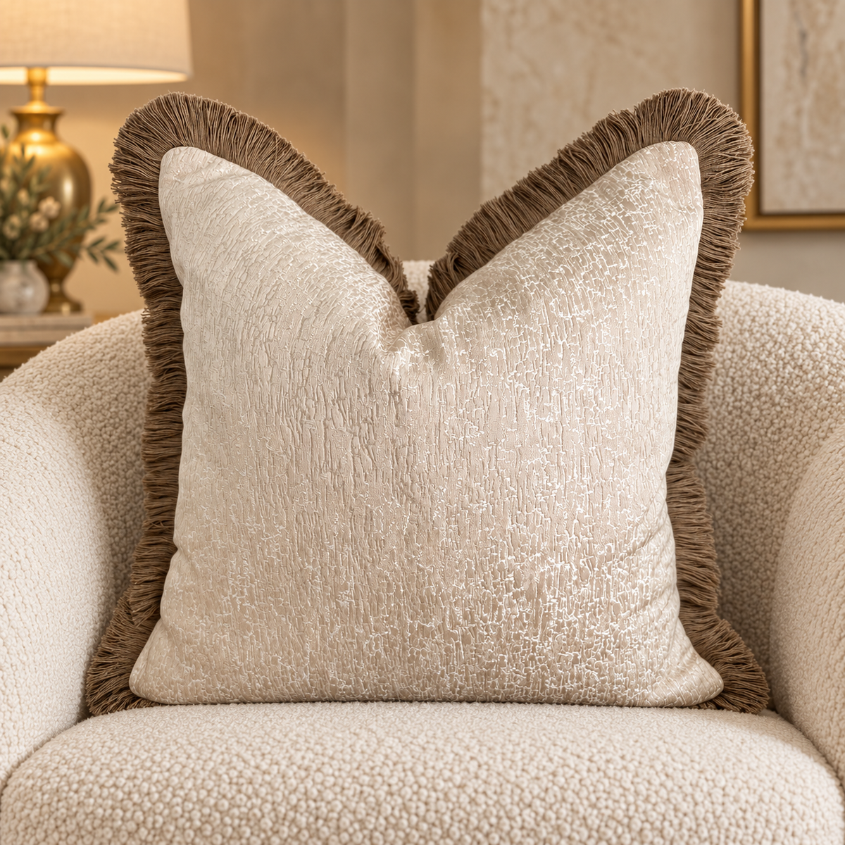 The Couture Cushion - The Cream Chalayan Fringed In Bisque - Style No. 98
