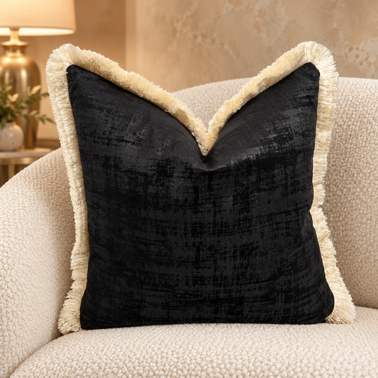 The Couture Cushion - The Black Dolce Fringed In Ivory - Style No. 134