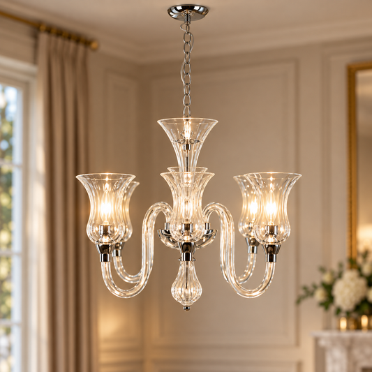 Glass And Chrome 6 Arm Chandelier | Abelia