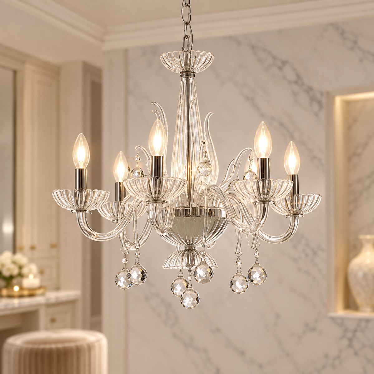 6 Bulb Clear Crystal Glass Chandelier | Morano