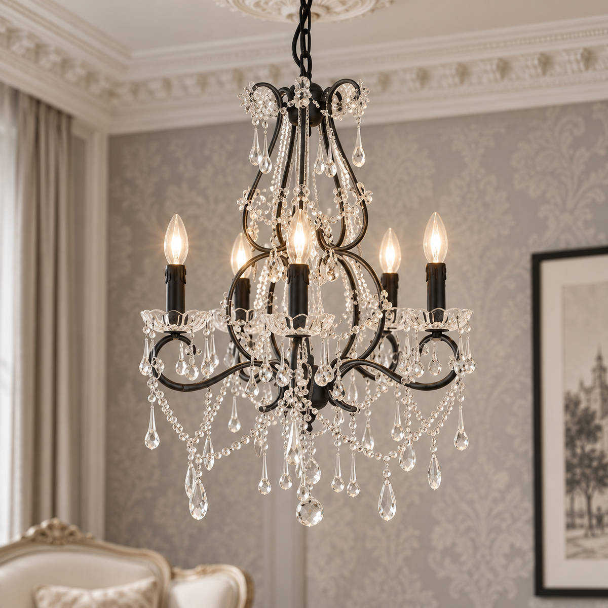 5 Bulb Crystal Glass Chandelier | Kensington Townhouse