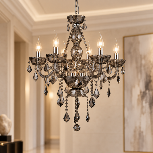 6 Bulb Smoked Crystal Glass Chandelier | Morano